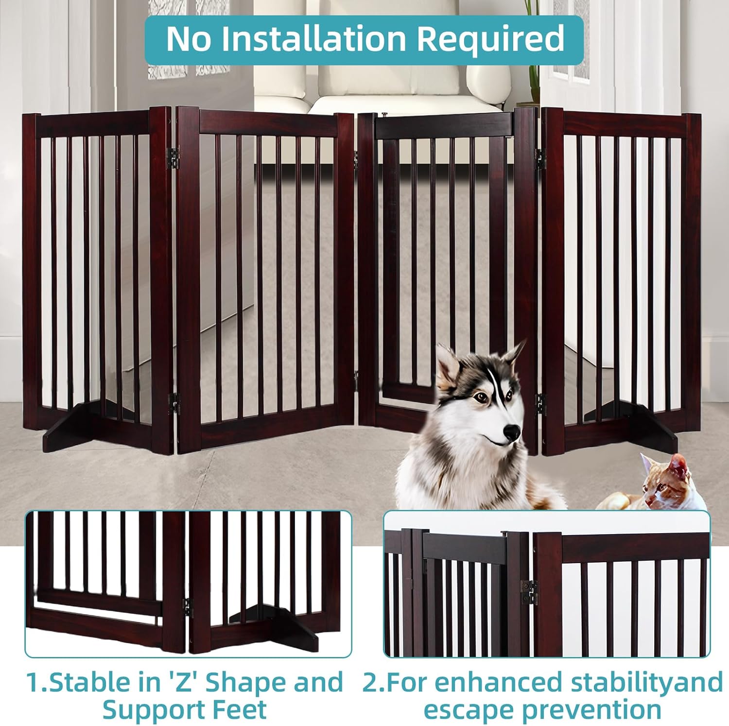 Indoor Dog Gate, Wooden Freestanding Pet Gate, Foldable Dog Gates for Doorways, No Drilling for The House, Doorways, Hallways,or Stairs, 30" Height 4 Panels Set of Support Feet Included (Espresso)