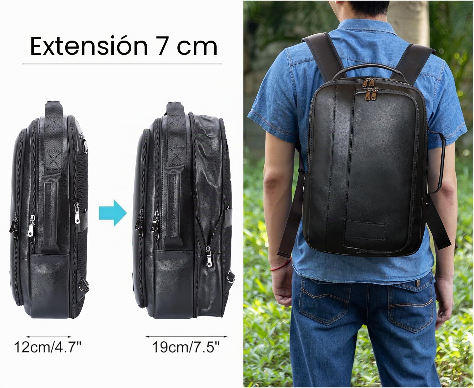 TIDING Mochila Portatil 15.6 Pulgadas para Hombre de Cuero Genuino Profesional Convertible en Maletin Ampliable Antirrobo Gran Capacidad de Viaje Diario, Negro