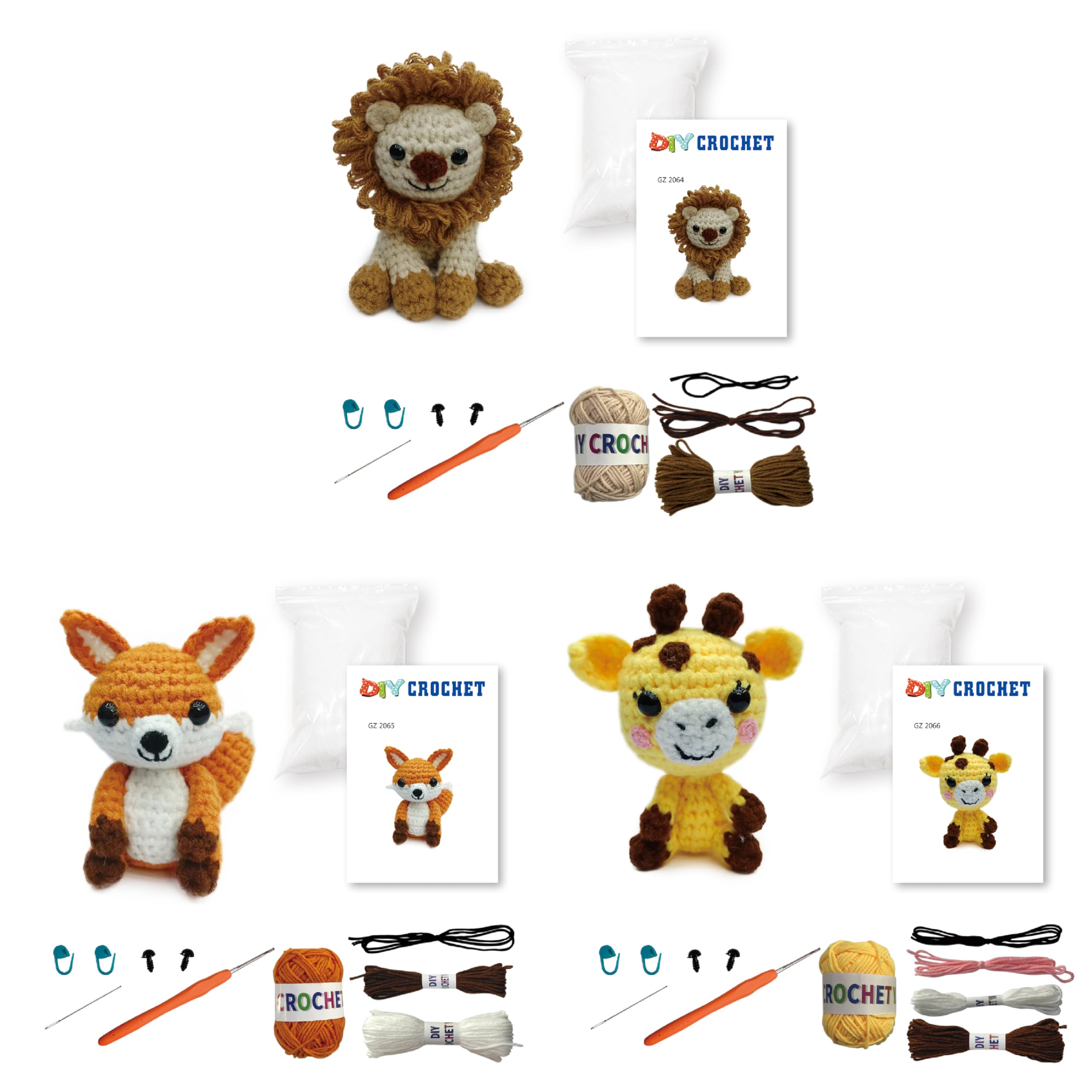 GZBZTZ Beginner Crochet Kit - 3-in-1 Animal Crochet Kit with Step-by-Step Video Tutorial, Hook, Yarn, Accessories (Lions, Giraffes, Foxes)