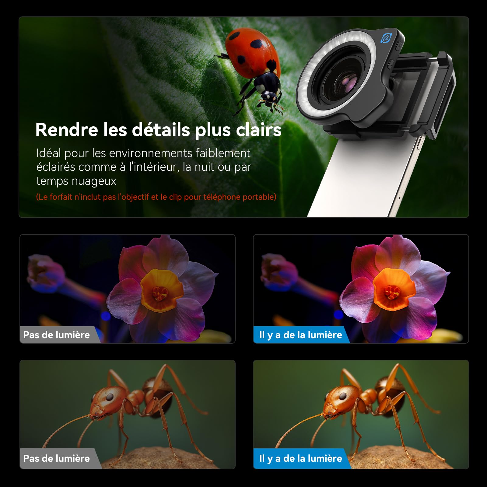 Objectif Macro APEXEL 10-20X pour iPhone et téléphones Android Kit d'objectif Photo HD avec Pince Universelle et lumière d'appoint Capturez des Gros Plans de Natures mortes, Insectes, Plantes, Bijoux