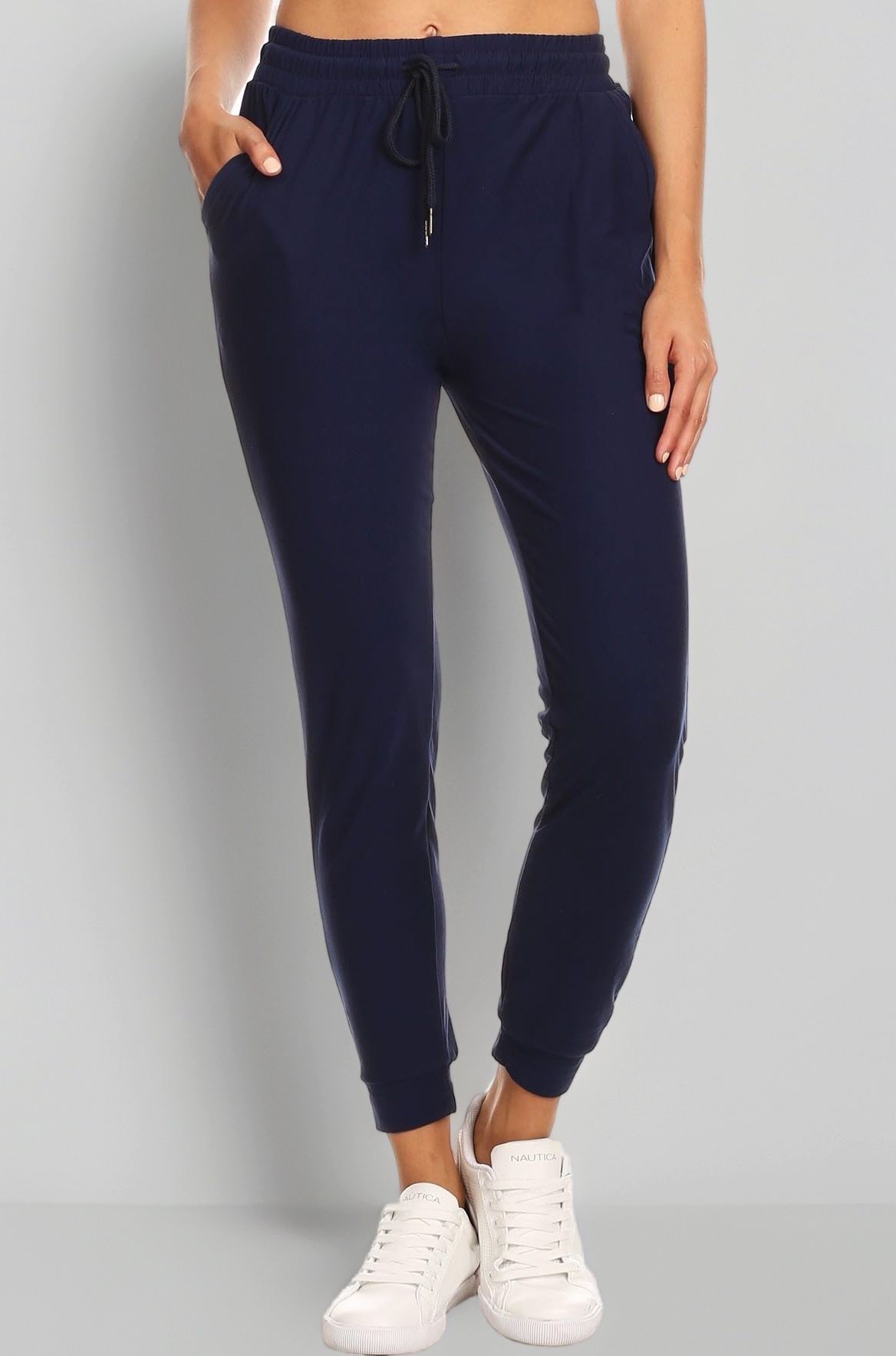 LA12ST Women's Juniors Soft Navy Jogger Pants Drawstring Pockets