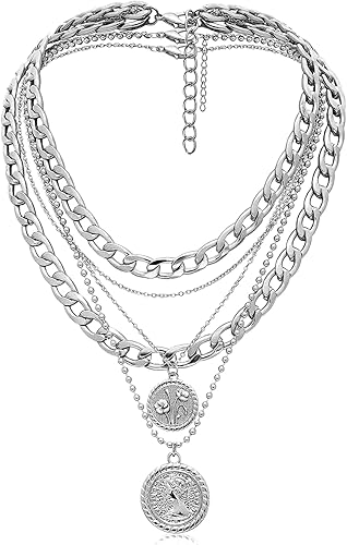 MJartoria Collares de oro en capas para mujer, collar retro de moda con dije de moneda, collar de oro, cadena de eslabones gruesos, gargantilla para