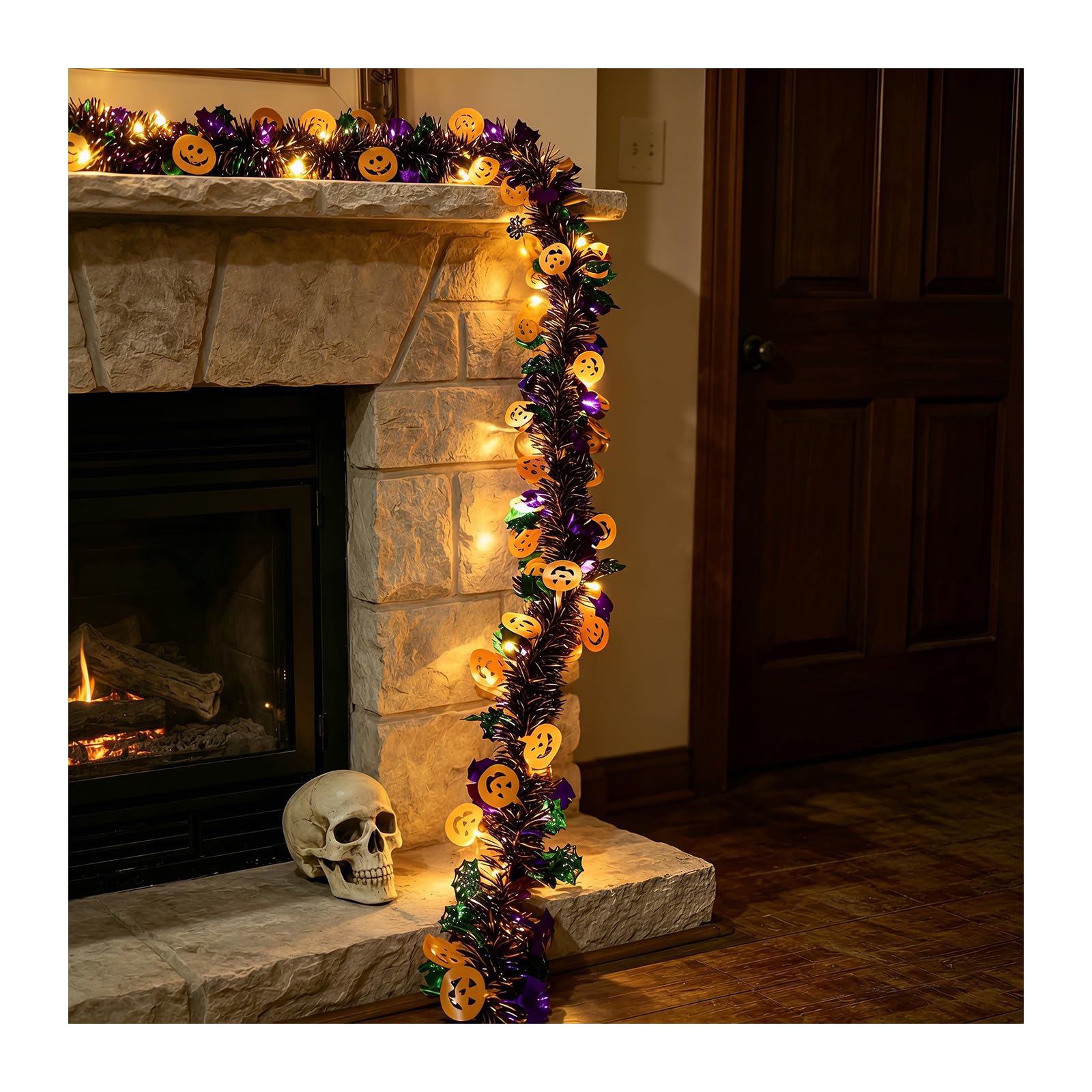 zoocco Halloween Garland with Lights, Pumpkin Hanging Decoration with Warm LED Lights, Battery Operated Fall Decor for Mantle Fireplace Stairway Window Indoor Party (# B,9.8 FT / 30 LED)