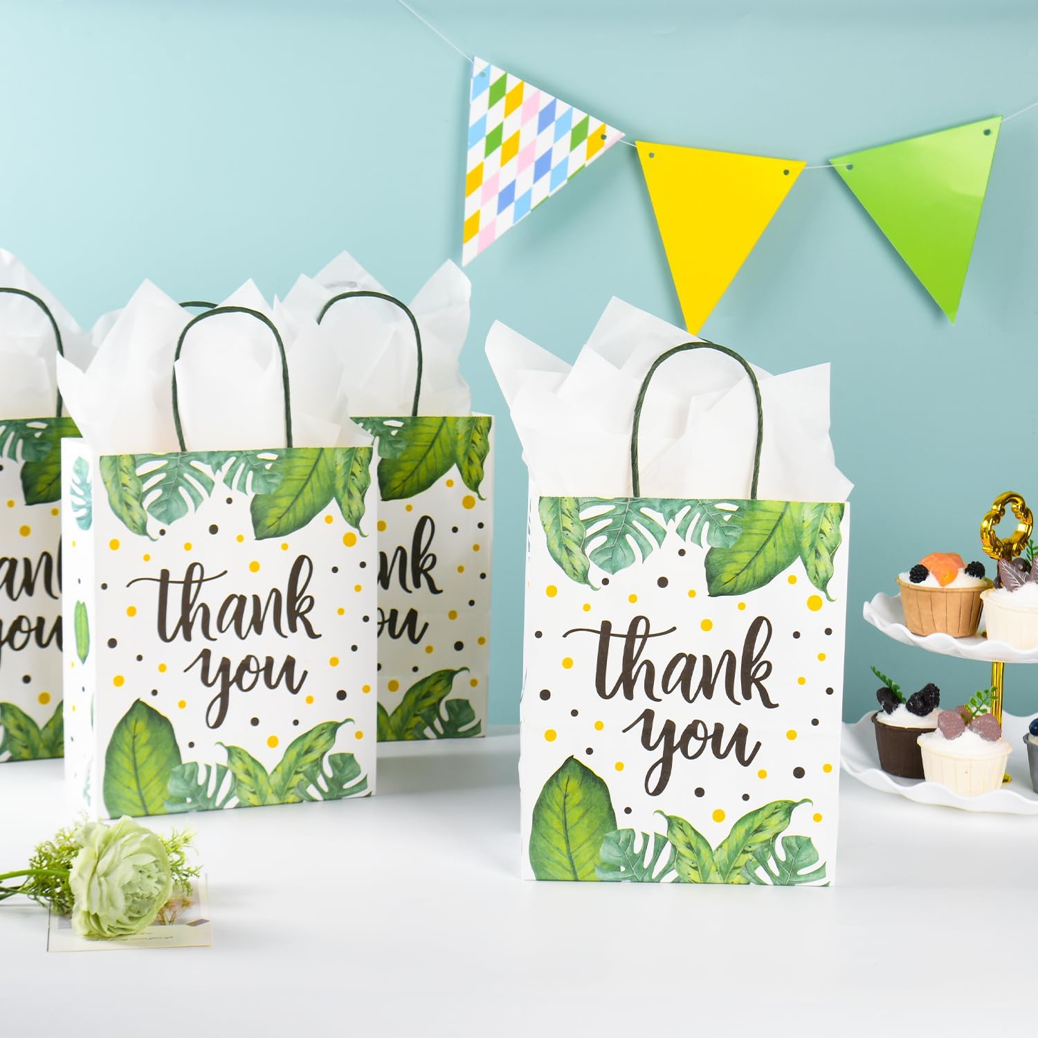 DjinnGlory 50 Pack Medium-Size Tropical Leaf Gift Bags with Handles and 50 White Tissue Paper for Hawaiian Luau Themed Party Favors, Small Business, 10x8x4 Inch (Boho Thank You)
