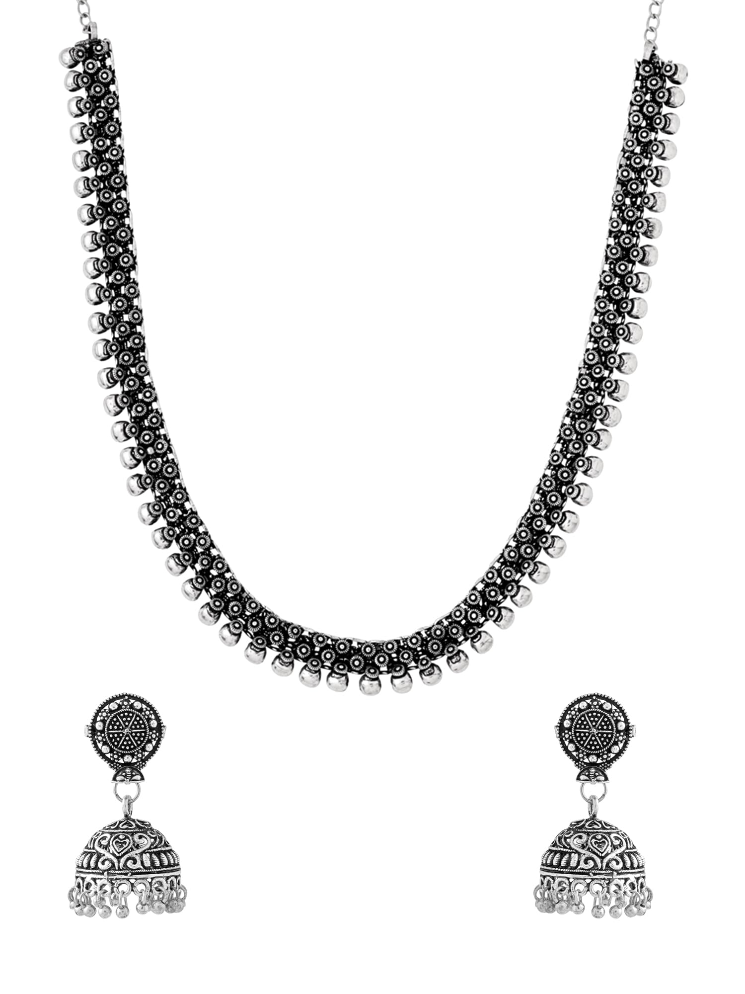 Yellow Chimes Ethnic German Silver Oxidised Long Choker Necklace Set with Earrings Traditional Jewellery Set for Women and Girls
