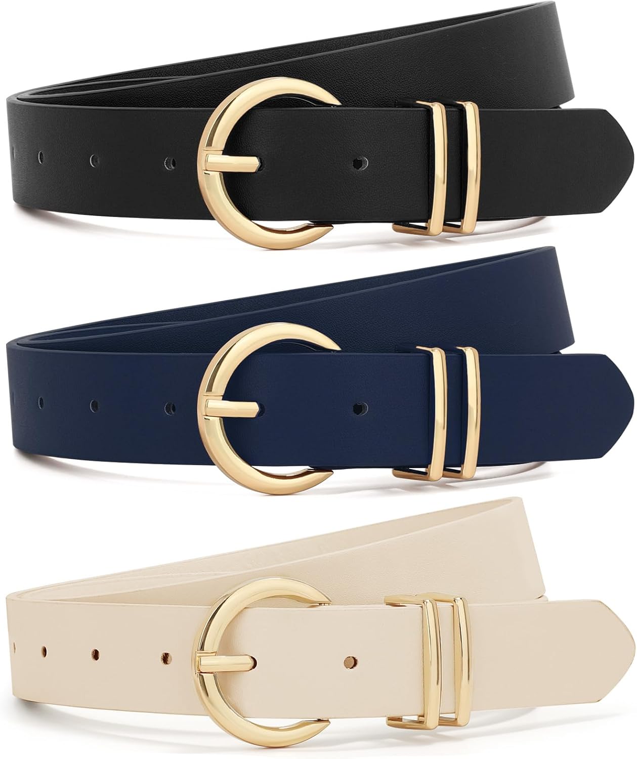XZQTIVE 3 Pack Women Belts For Jeans Dresses Pants Ladies Leather Waist Belt with Gold Buckle