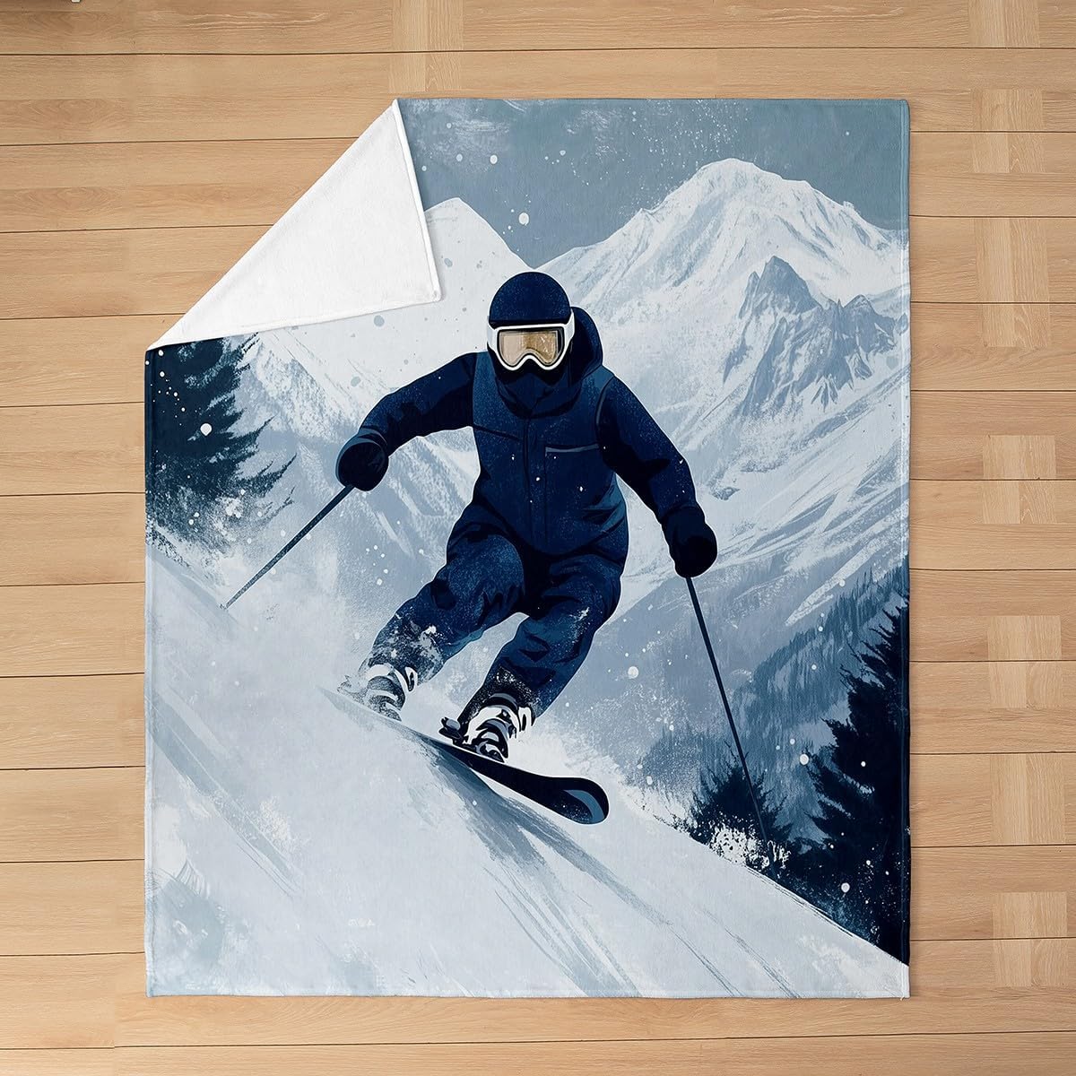 Skiing Athlete Flannel Fleece Blanket,Winter Extreme Sports Game Navy White Soft Blanket for Bed Sofa Couch,Ski Slope Nature Snowy Mount Pine Trees Bed Blanket for Bedroom Decor,Twin 60"x80"