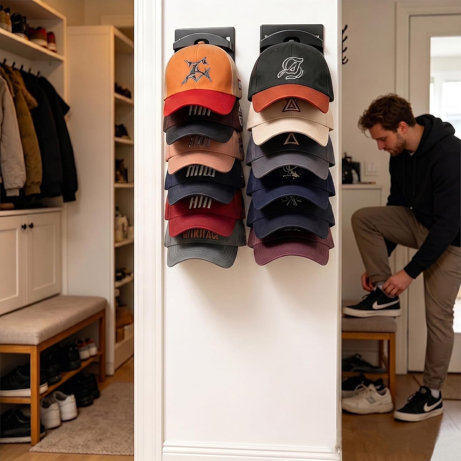 2 Pack Baseball Cap Organizer, Hat Storage Holder for Closet & Door (Black) thumbnail