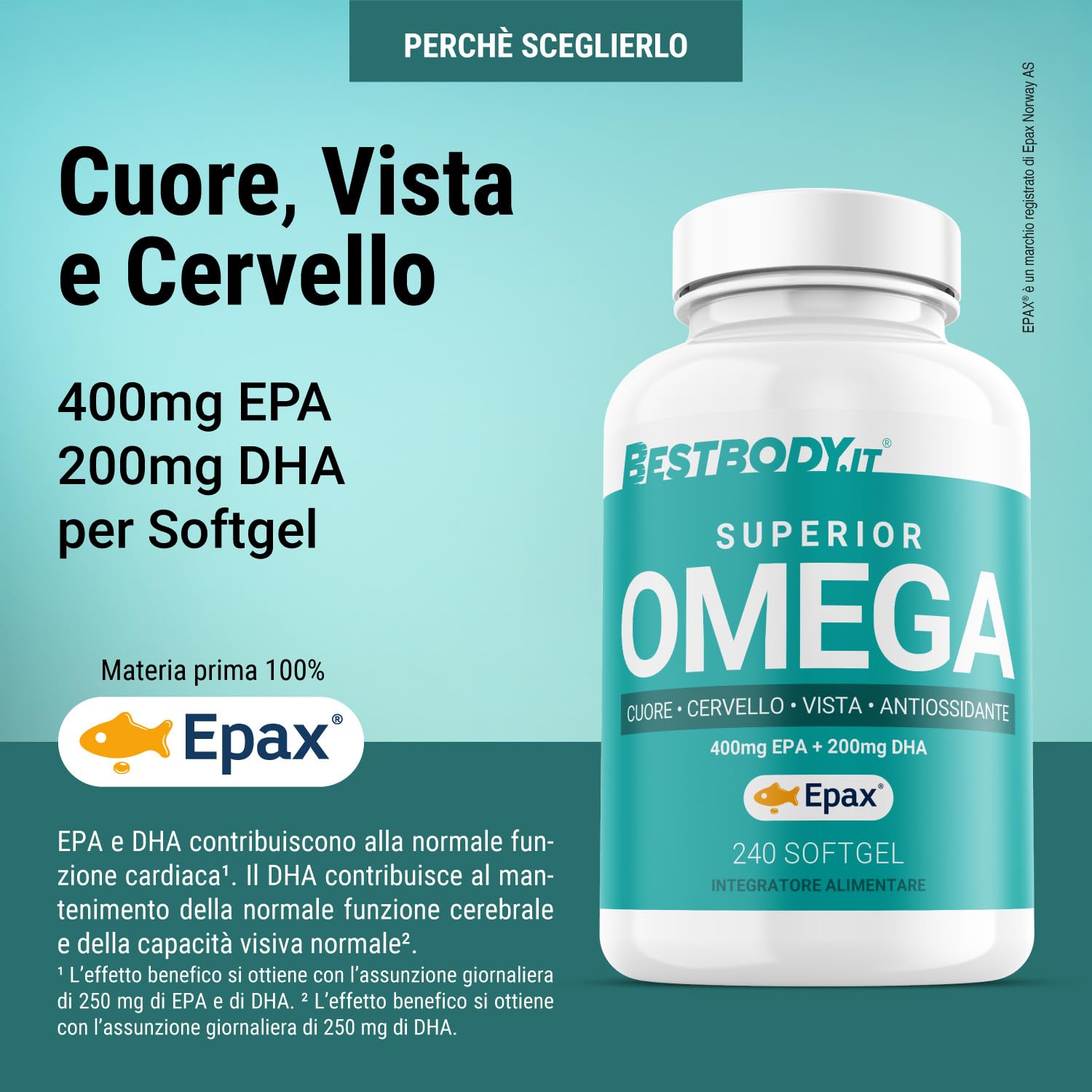 BestBody - Superior Omega - Omega 3 con Materia Prima Epax ad Alta Concentrazione, 400mg di EPA e 200mg di DHA per Softgel, 240 Capsule