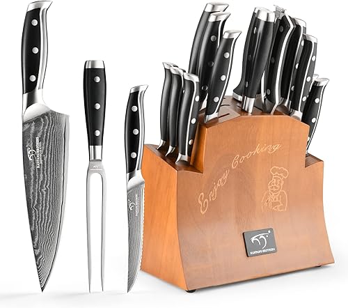 Miniatura 7 de NANFANG BROTHERS VG10 - Juego de 6 cuchillos de acero de damasco con mango ergonómico ABS, tenedor de carne, cuchillo de carne dentado, bloque de