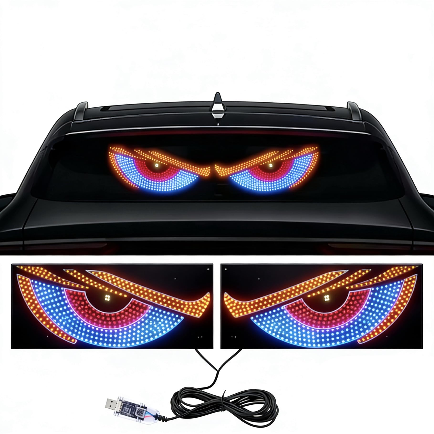 2PCS Dynamic Big Devil Eyes Light for Cars, （4.7 in×12 in Colorful Eye Lamp, Vehicle Ambient Lights Matrix Panel Light Warning Strobe Lights