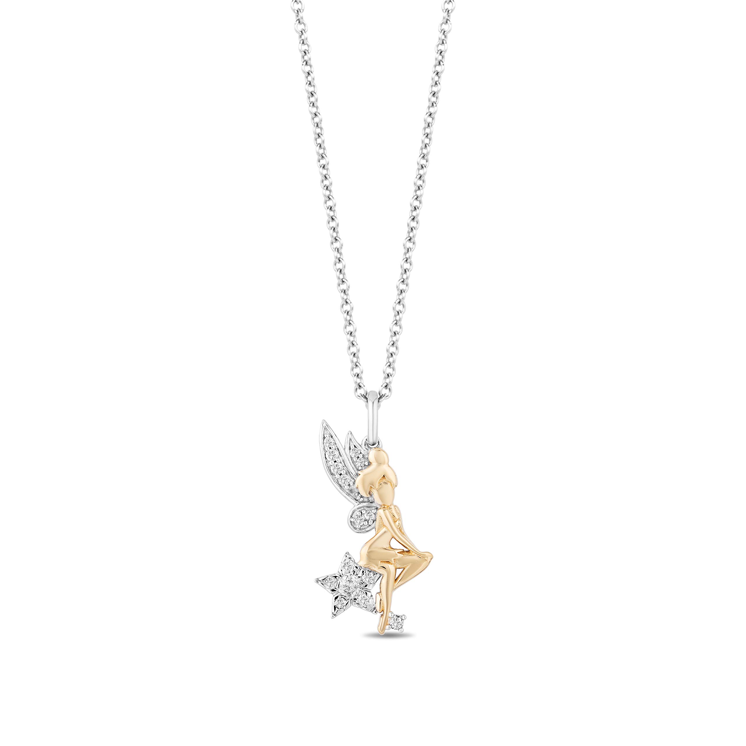 Jewelili Enchanted Disney Fine Jewelry Tinker Bell Pendant Necklace for Women | 14K Yellow Gold over Sterling Silver | 1/6 CTTW Natural White Round Diamonds | 18" Cable Chain + 2" Extender | Disney Princess Inspired Jewelry Gifts for Her | Gift Box