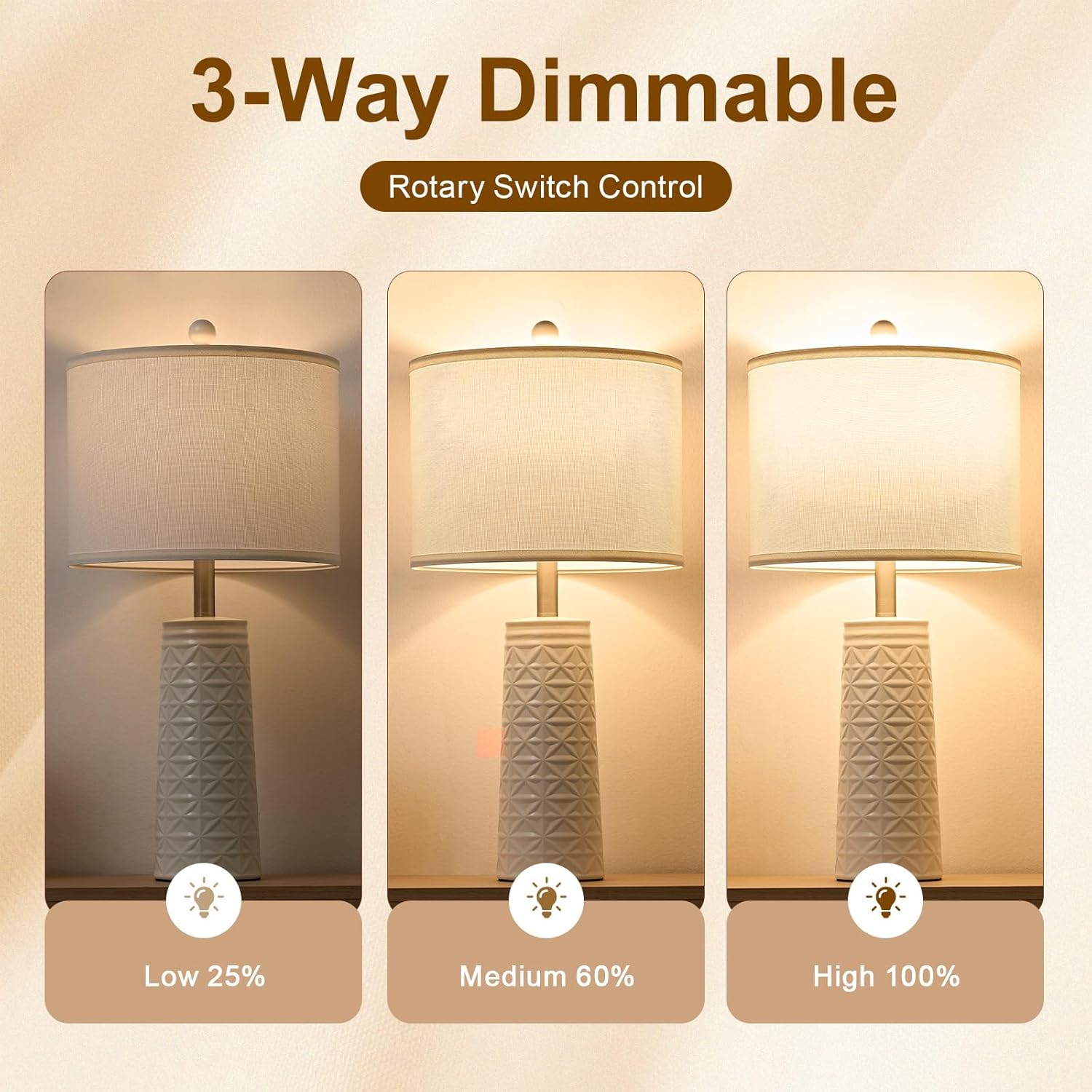 25.5" Modren Resin Table Lamp Set of 2, 3-Way Dimmable Lamps for Living Room, Farmhouse Bedside Lamp for Bedroom Nightstand, Beige White Lamps for End Table(Bulb Included)