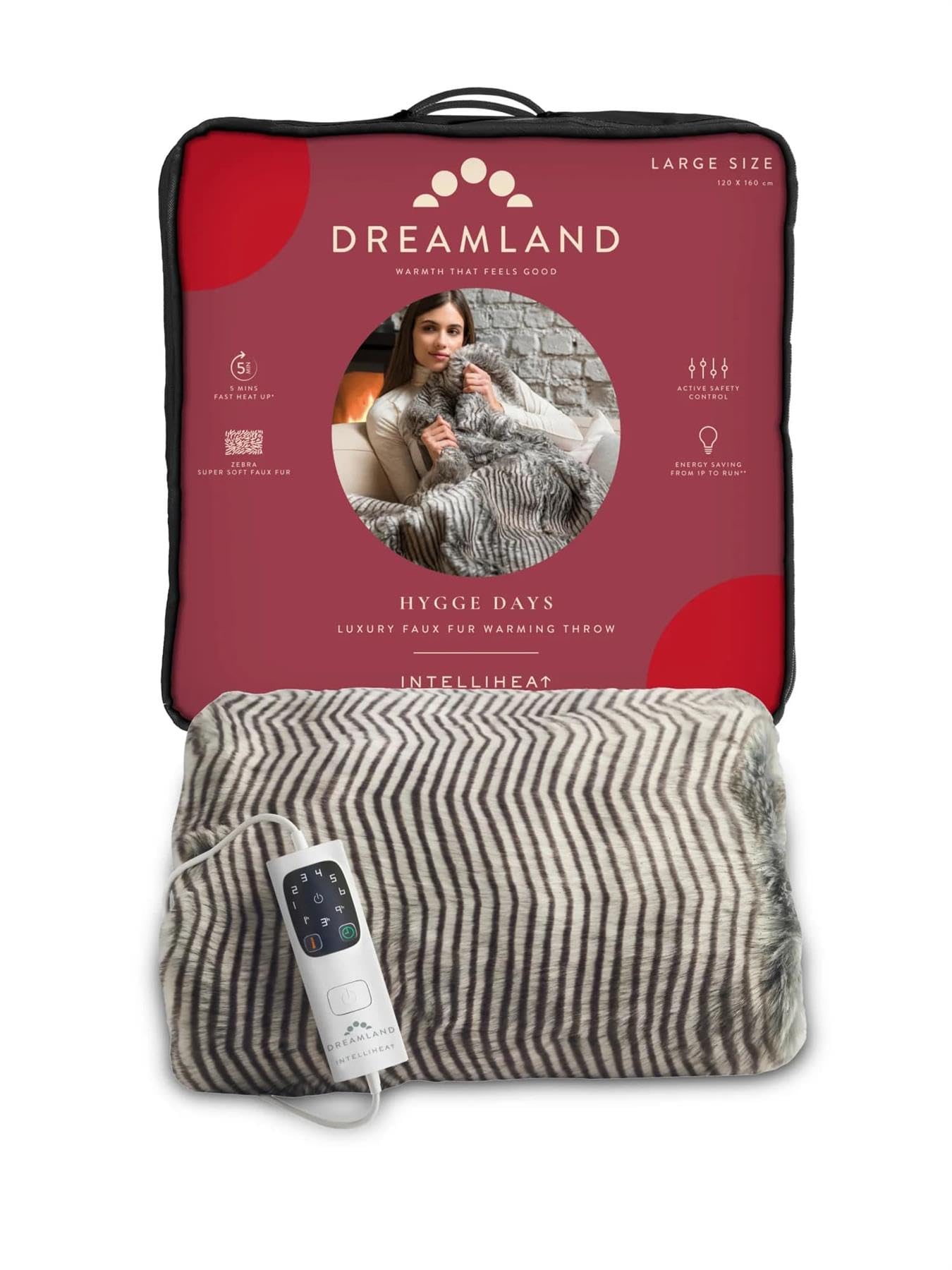 Dreamland Hygge Days Electric Blanket – Heated throw - Zebra, Luxury Faux Fur, 5-minute ...
