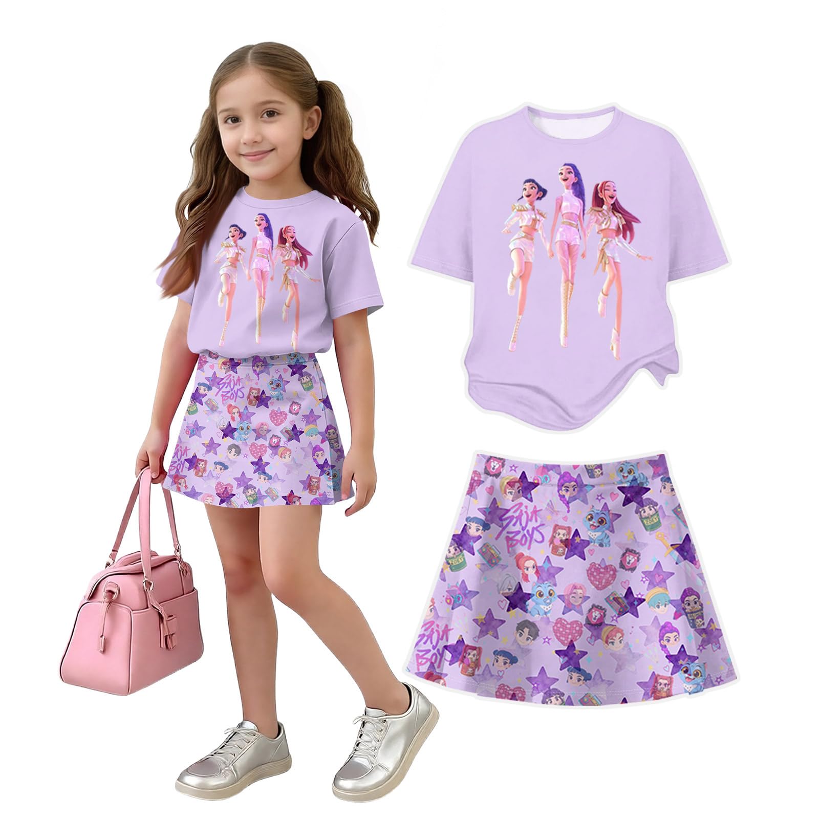K Pop Short Sleeve T-Shirt and Skirts Outfits Set for Girls Hunters Girl's Anime Graphic Tees De-Mon Summer Sets — view 23