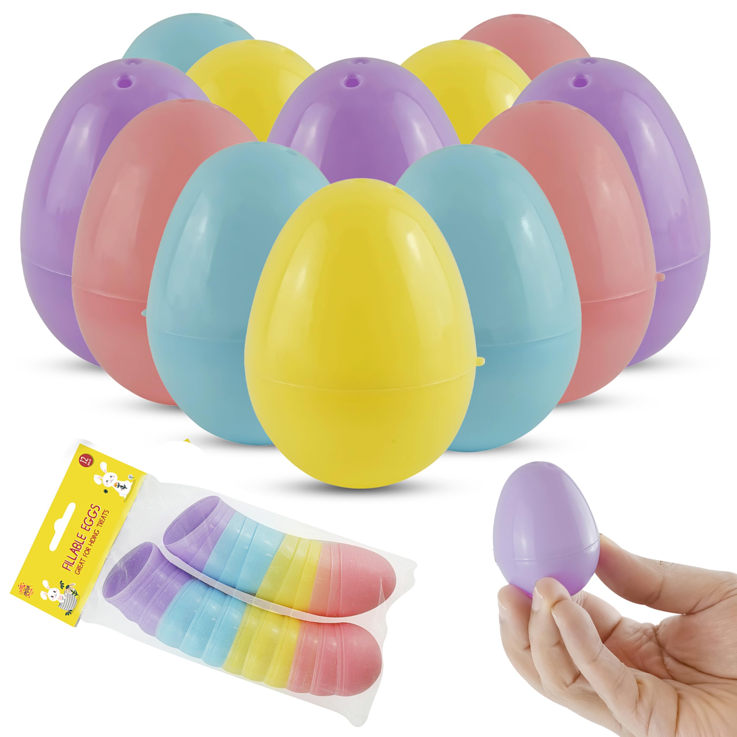 SRVertex 12PCs Easter Fillable Eggs 5.5cm/2.17" - Pastel Colorful Bright Plastic Easter Eggs with Hinge, Hoppy Easter Surprise Eggs for Filling Treats, Easter Egg Hunt Capsules Party Supplies