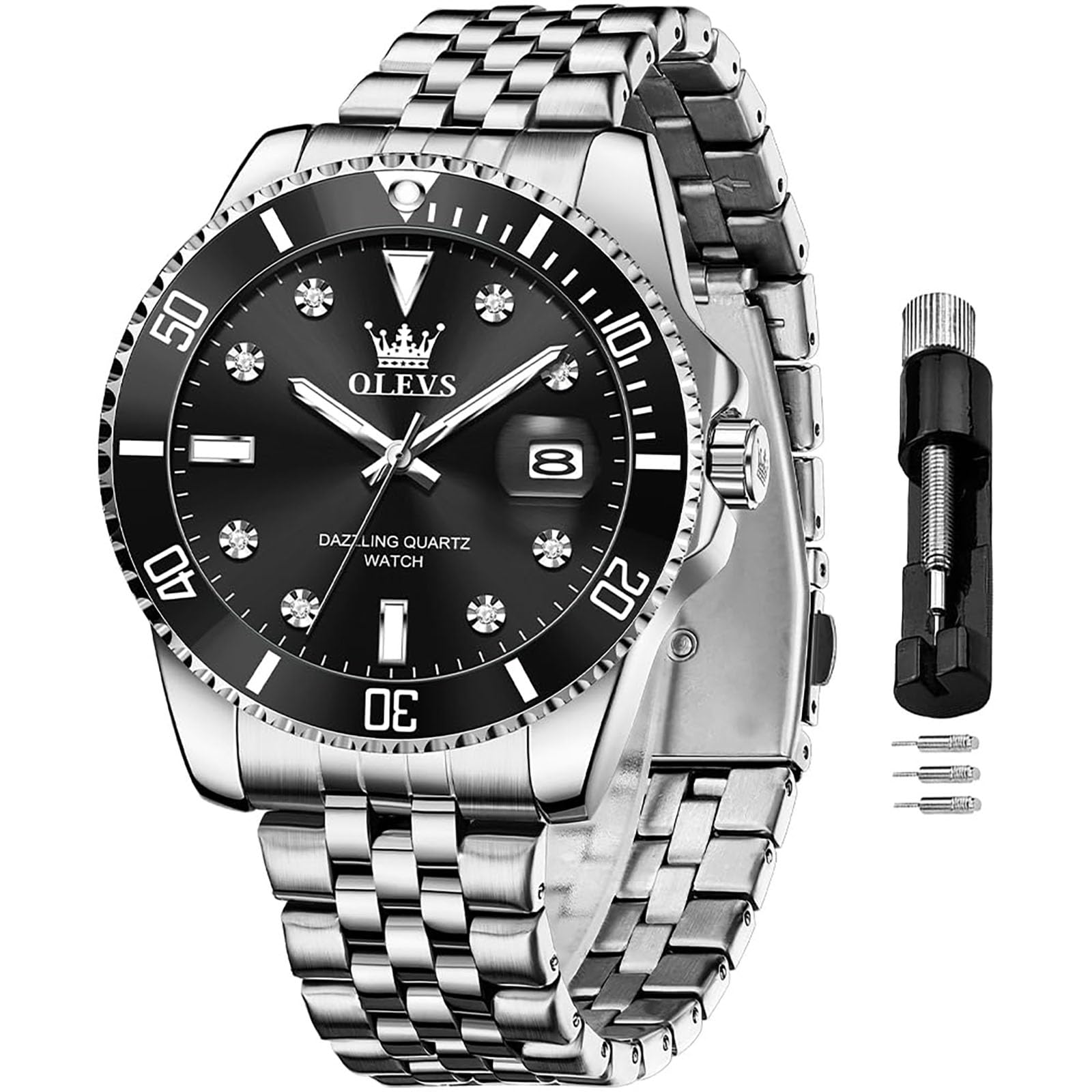 OLEVS Edelstahl Armbanduhr Herren Wasserdicht, Modern Groß Uhr Herren mit Datum, Quarz Analog Leuchtziffern Herrenuhren mit Metallarmband Geschenke für Männer Geschenke