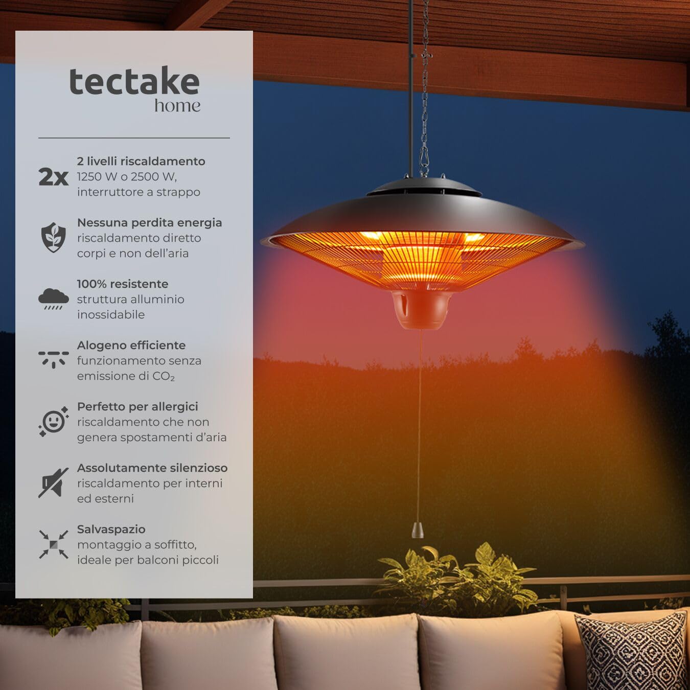 Tectake Riscaldatore a Infrarossi 2500W da Appendere, Struttura in Alluminio Inossidabile, Nero