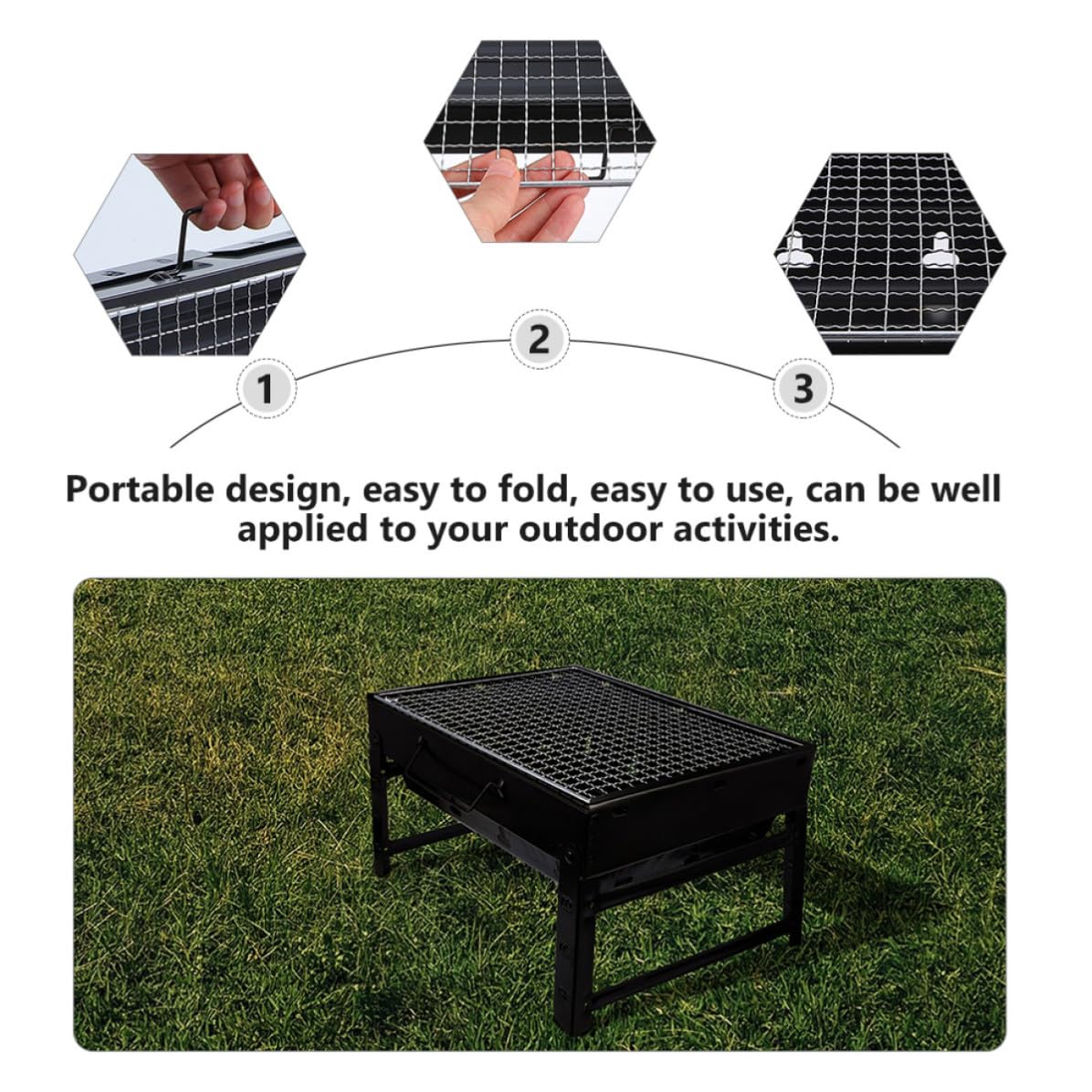 Barbecue Portatile Pieghevole in Metallo Nero per Esterni Struttura Compatta per Campeggio, Picnic e Grigliate All'aperto in Legna o Carbone