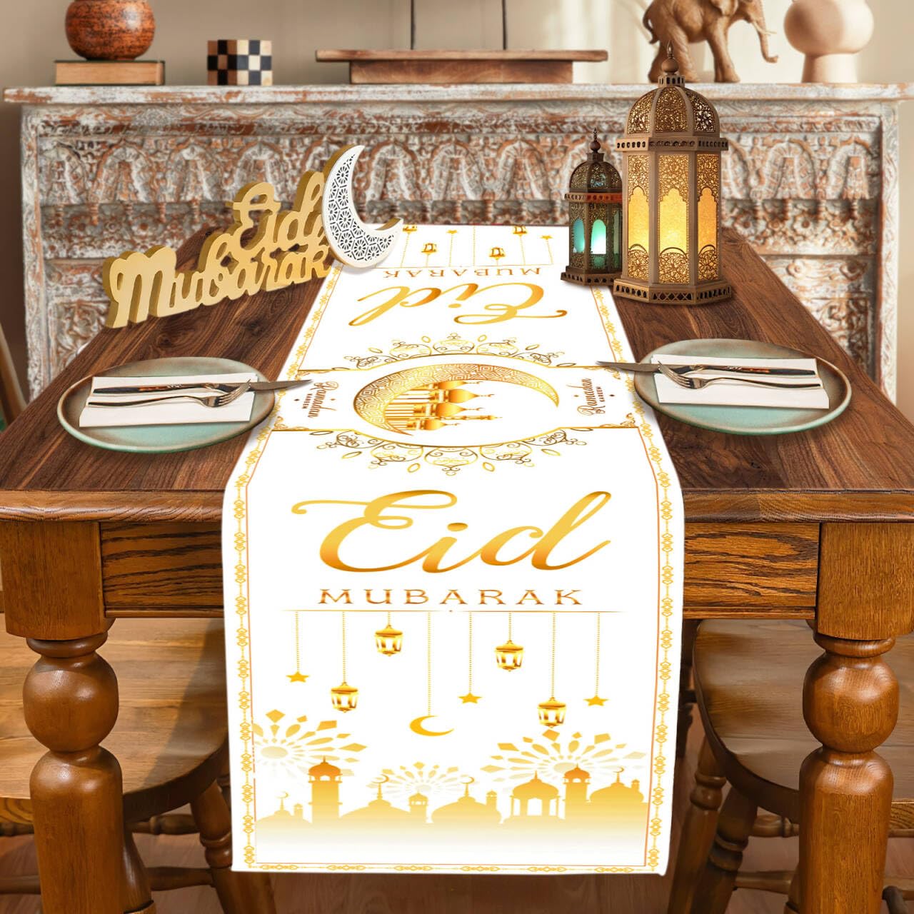 Ramadan Eid Mubarak - Chemin De Table Doré - Décoration De Table Pour Le Ramadan Aïd Mubarak - 180 Cm De Long - Décoration De Table Islamique Musulmane (id