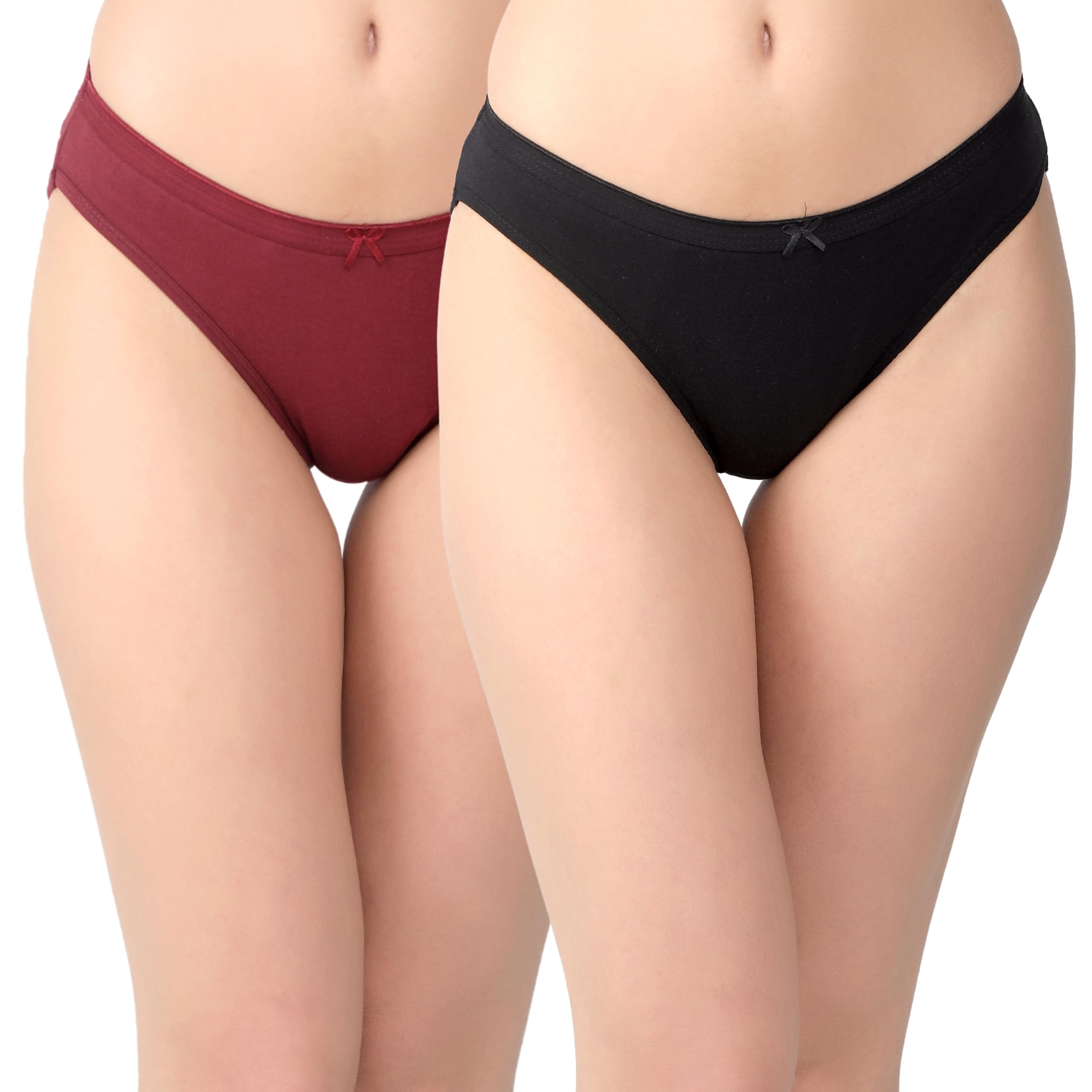 BLACK MEWomen's Medium Coverage Super Combed Cotton Mid Waist Bikini (Pack of 2_Colors_Black & Maroon) (X-Large, Maroon)