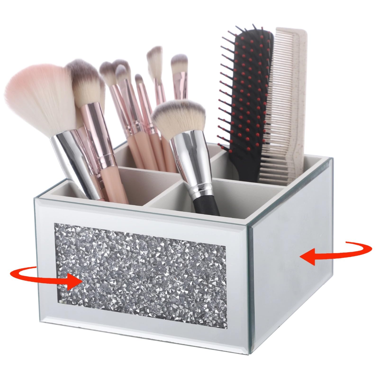 Porta pennelli da trucco, girevole a 360°, in vetro, per comò, design con intarsio in cristallo argento, 4 scomparti multifunzionali per telecomando e portapenne, 15 x 15 x 8,6 cm