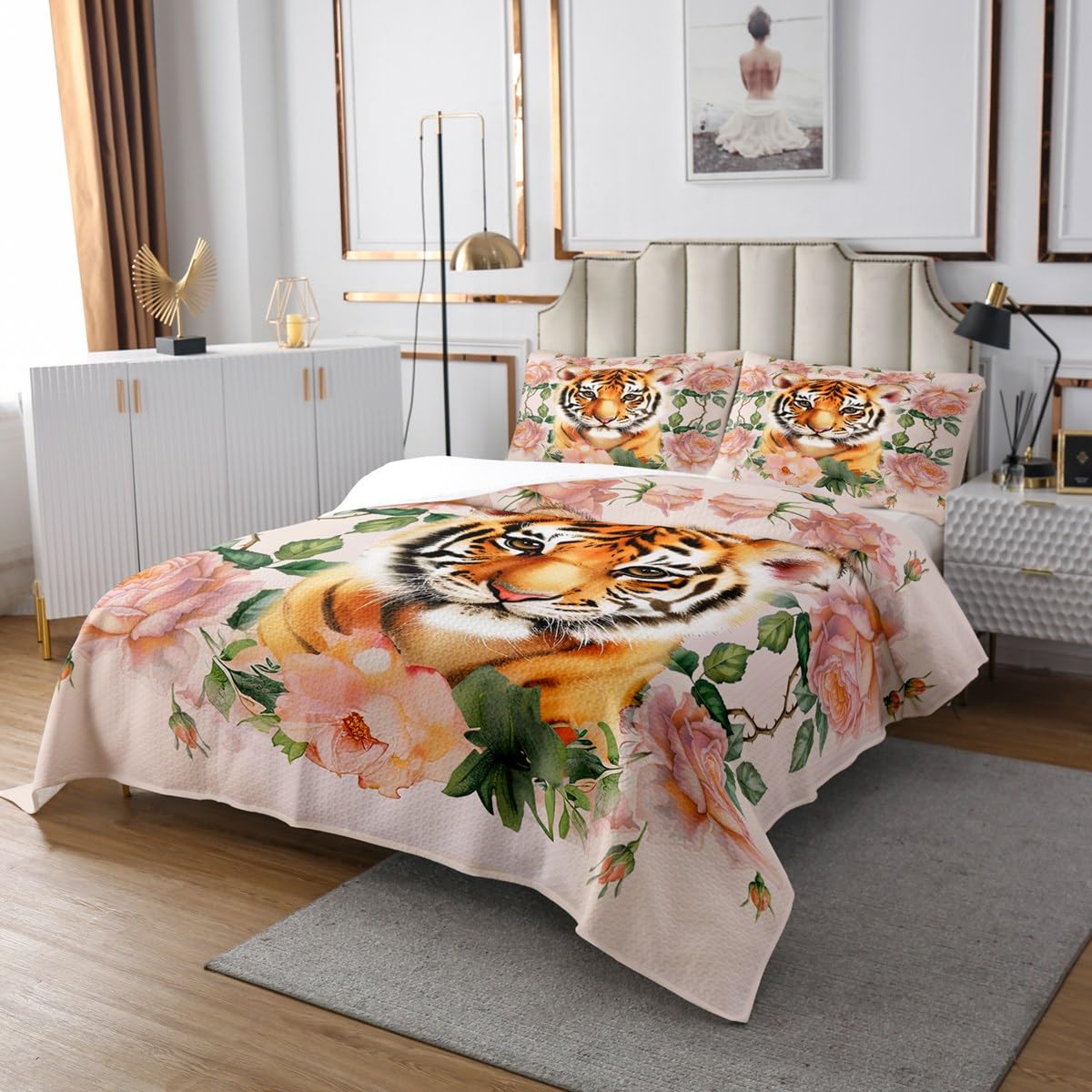 Erosebridal Cute Tiger Quilted Coverlet, Flower Leaves Coverlet Set for Kids Boys Girls Teens, African Safari Animal Bedspread King Size, Floral Garden Quilt Room Decor Guest Room Decor
