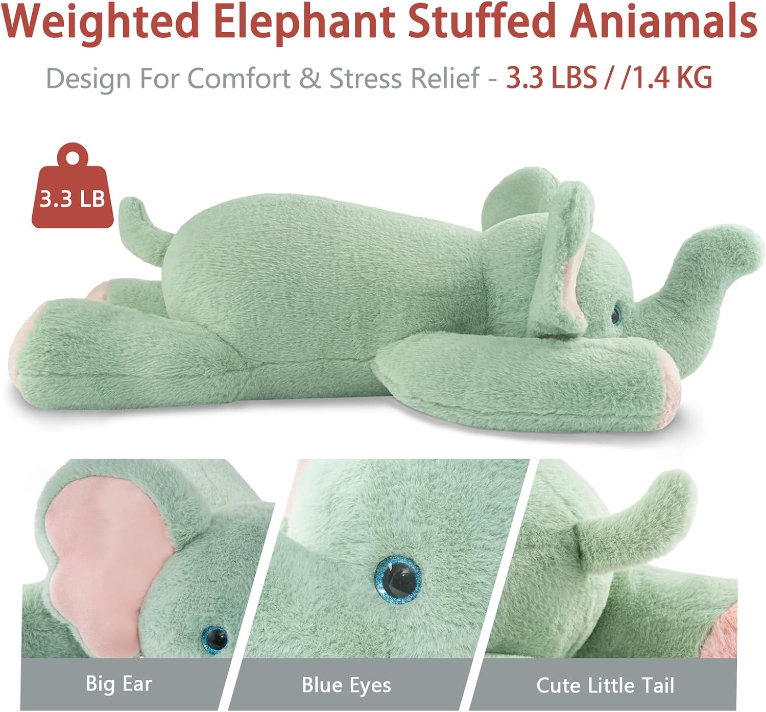 Niuniu Daddy 20" | 3.3 Pound Elephant Weighted Stuffed Animals, Large Pillowfort Plush Animal Toys for Kids Adults, Large Body Pillow for Gifts Presents Birthday Christmas Holiday - Image 4