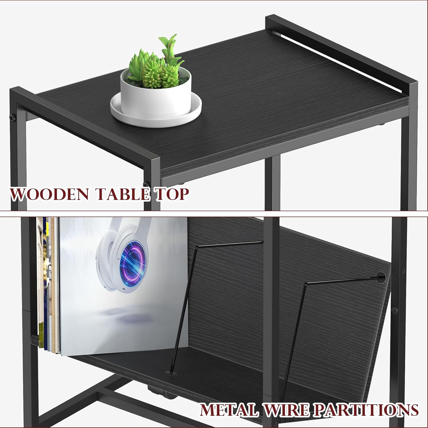 Record Player Table with Vinyl Storage,Black Small End Table Turntable Stand with Record Storage,Vinyl Record Player Stand,2 Tier Bed Side Table Modern Nightstand for Living Room Bedroom