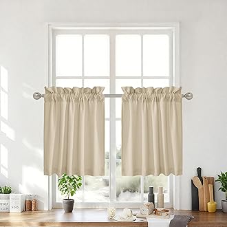 RYB HOME Cafe Curtains 24 inches Length, Short Kitchen Valances and Curtain Set, Thick Faux Linen Blended Privacy Protect Topper for Bedroom Bathroom, 2 Panels, Rod Pocket, Camel, W 26 x L 24 inch
