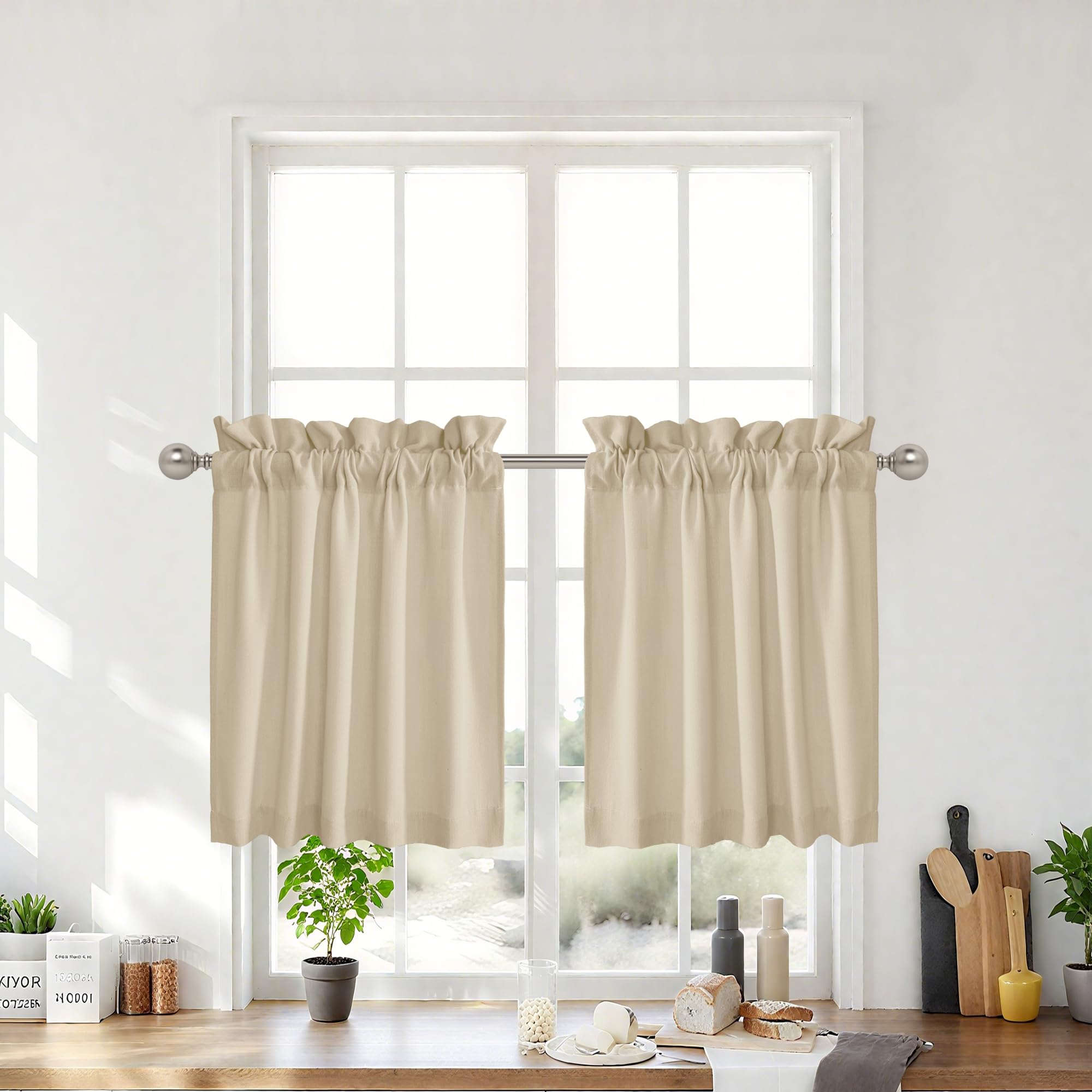 RYB HOME Cafe Curtains 24 inches Length, Short Kitchen Valances and Curtain Set, Thick Faux Linen Blended Privacy Protect Topper for Bedroom Bathroom, 2 Panels, Rod Pocket, Camel, W 26 x L 24 inch
