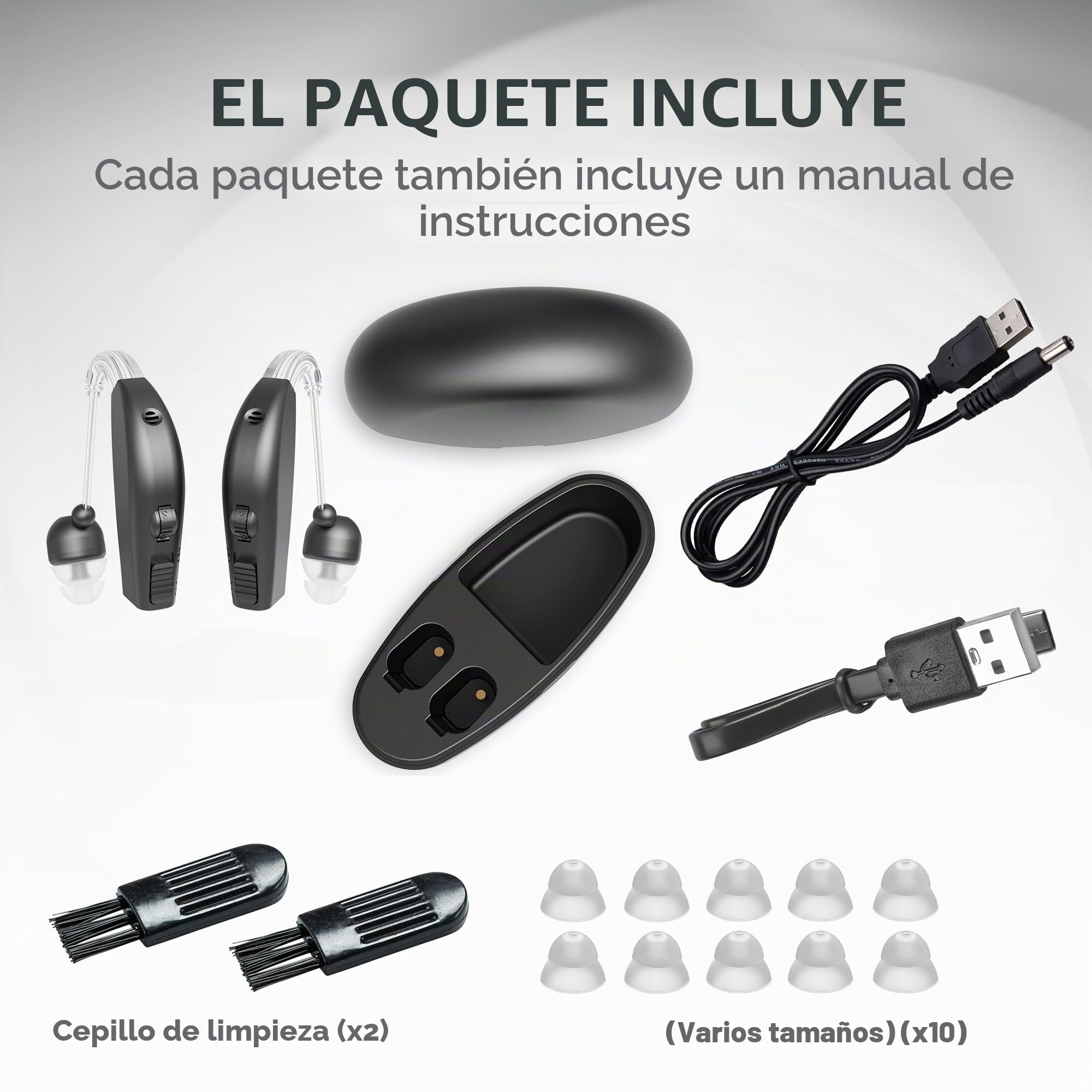 Dispositivo de sonido personal, batería recargable para todo el día, ligero, detrás de la oreja, dispositivo de voz con sonido BTE, negro