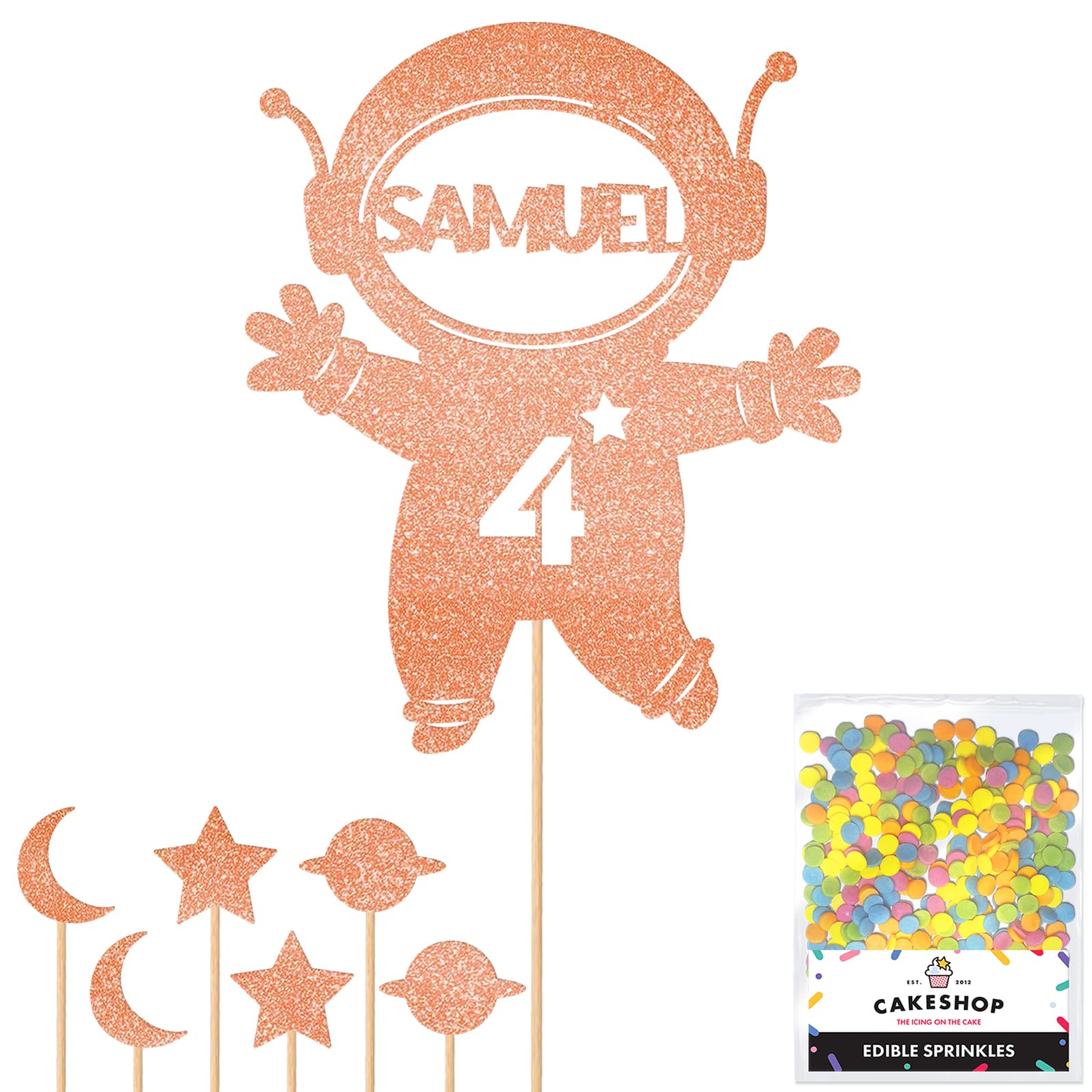 Personalised Spaceman Astronaut Glitter Cake Topper Rose Gold Any Custom Age & Name Glitter Cake Decoration and Sprinkles - Happy Birthday Decorations - Personalised Toppers for Cakes by Cakeshop