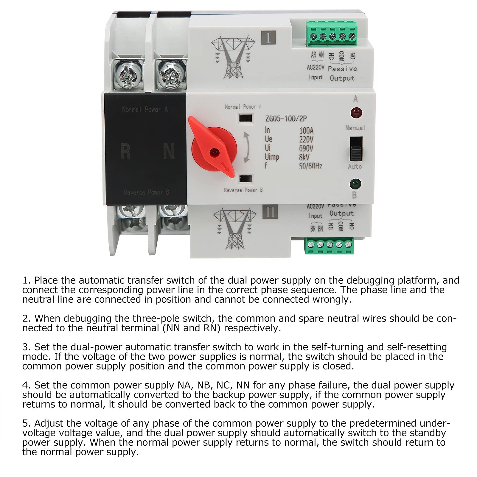 Interruptor de Transferencia Automática de Doble Potencia ZGQ5-100/2P 220V Automática Controlador de Interruptores Selectores para Electricidad Municipal Generador