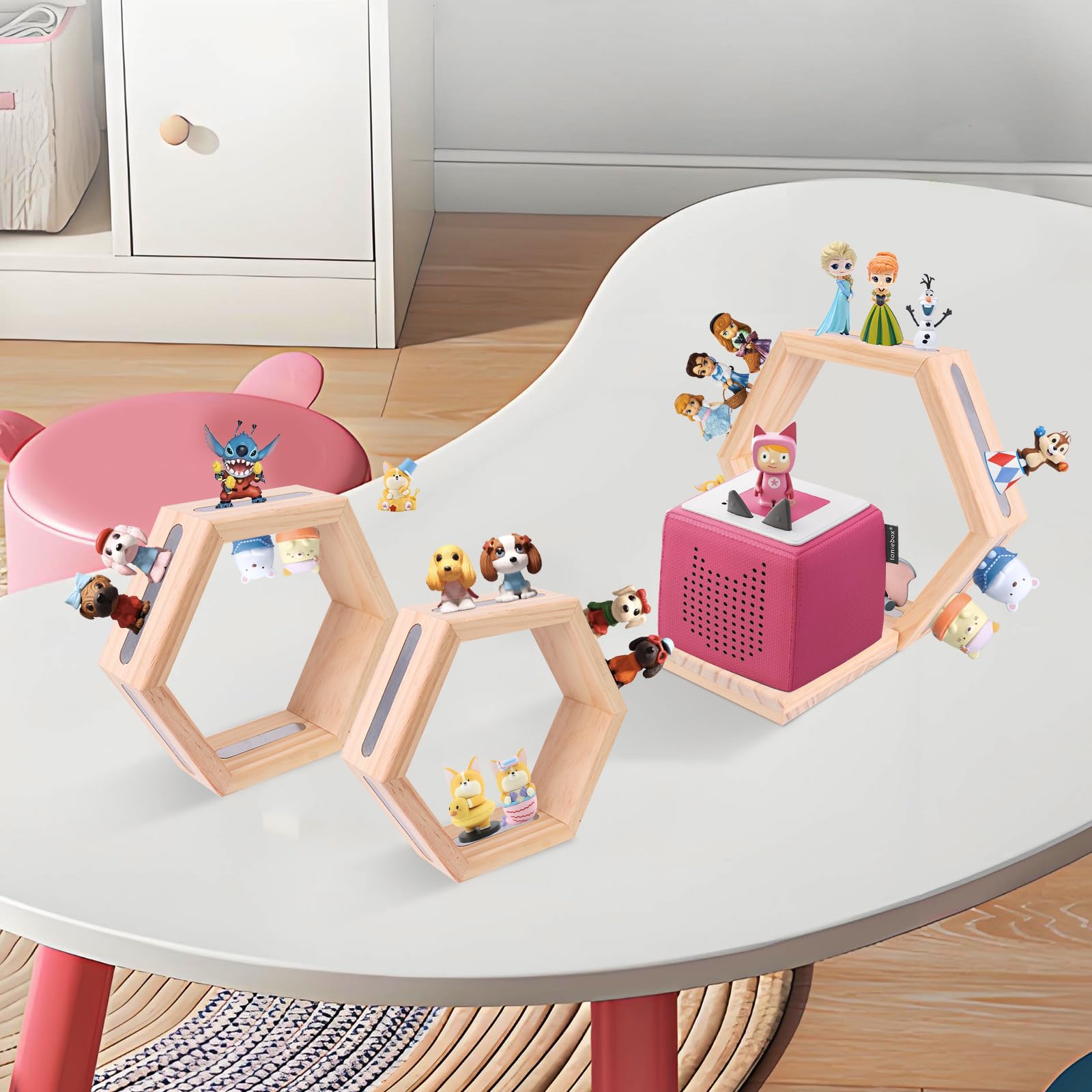Givilio Tonie Regal Wabe (3er Set) – Wandregal aus Holz für Toniebox Starter & Figuren – Magnetische Hexagon-Schweberegal Aufbewahrung für Toniebox Player & Spielzeug (Natur)
