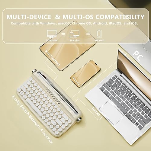 Miniatura 3 de YUNZII Teclado de máquina de escribir inalámbrico mejorado, estética retro con soporte integrado, bonitas teclas redondas, conexión USB-CBluetooth
