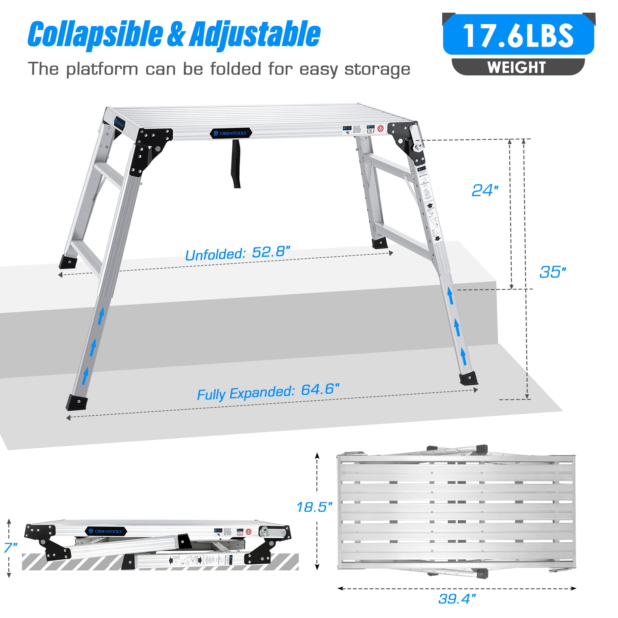 ORIENTOOLS Plataforma de trabajo ajustable (100 x 47 cm) Escalera plegable portátil de aluminio para andamios con capacidad de carga de 150 kg