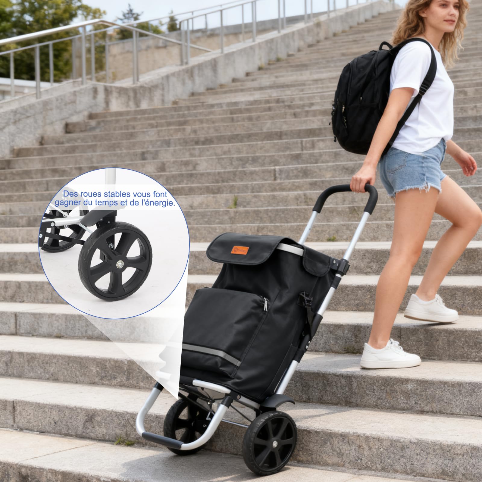 Sekey Chariot de Courses Pliable 3 en 1, Caddie Isotherme avec Sangle de Fixation, Sac Bandoulière et Porte-Bouteille, Trolley/Diable Pliable pour Courses, Camping – Noir