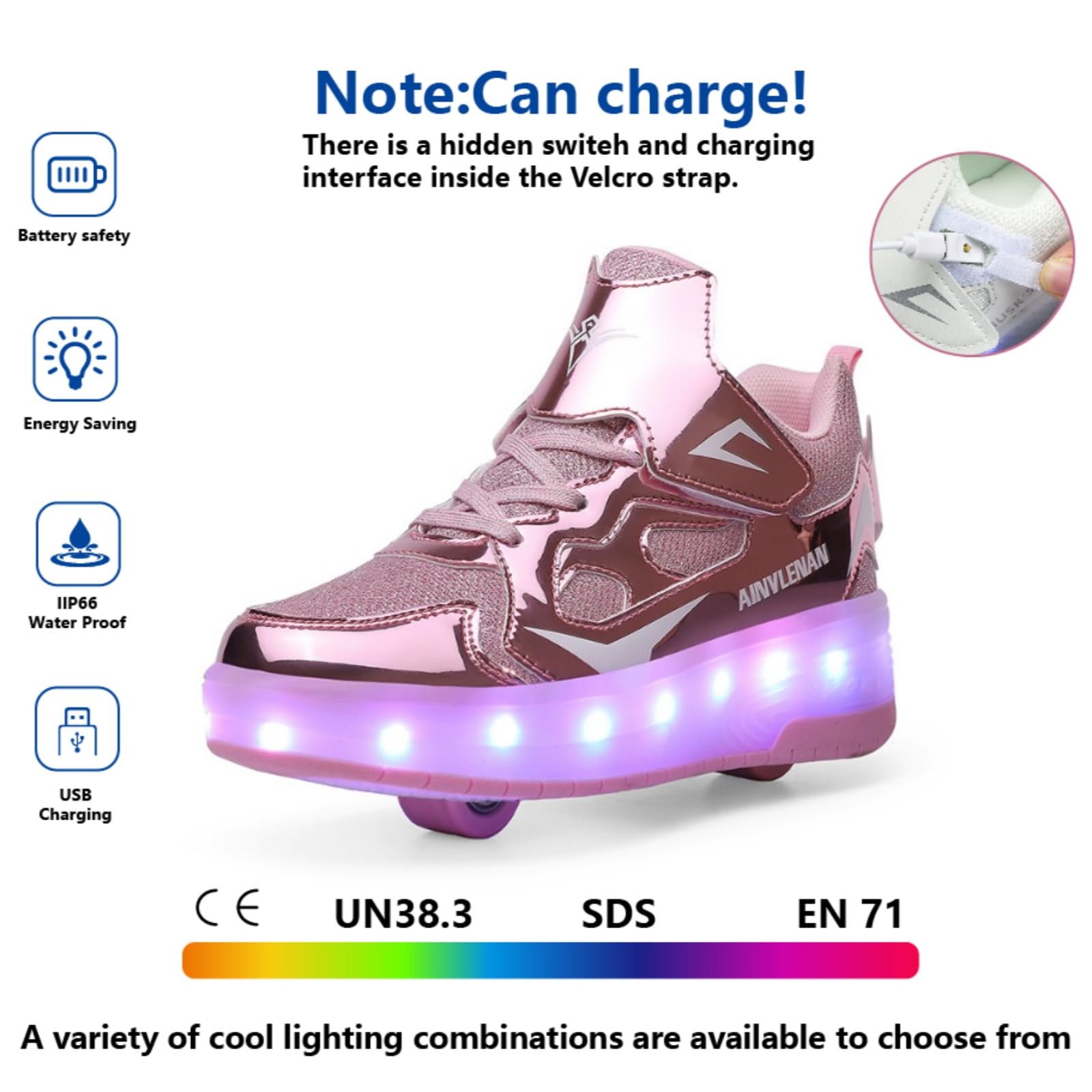 Dziecięce sneakersy, 2-wiel skateboard schoenen, verstelbaar kleurveranderend licht, USB-oplaadbaar, universeel voor jongens en meisjes, zwart, roze, goud, zilver, maat 27-40 EU