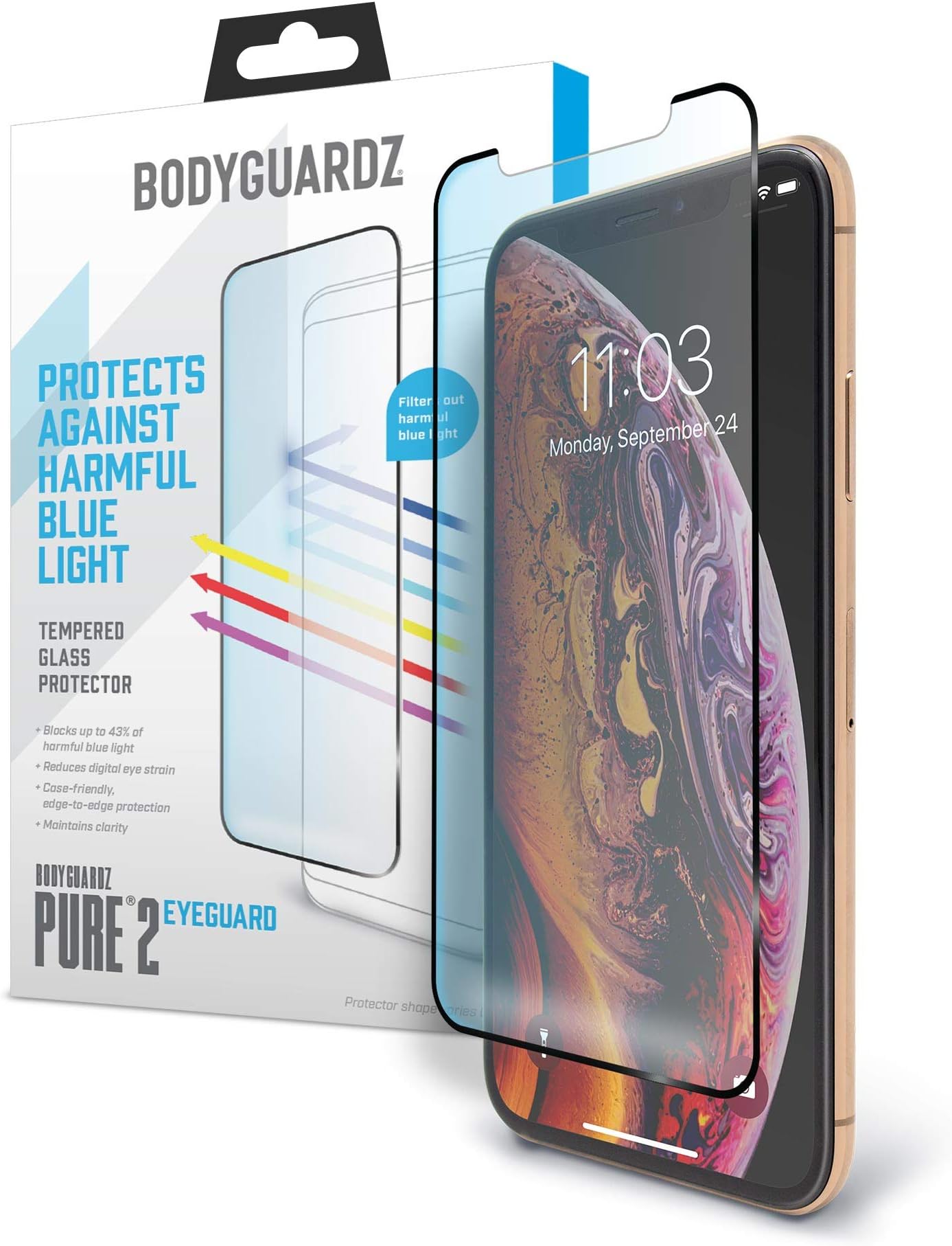 BodyGuardz - Pure 2 EyeGuard Glass Screen Protector Blue Light Edge-to-Edge Glass Protector for Apple iPhone Xs Max - CASE Friendly