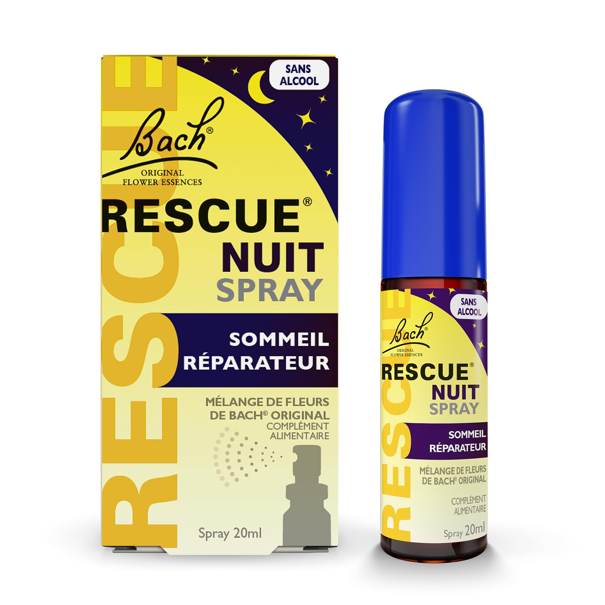 Rescue Nuit Spray Sans Alcool 20ml – Mélange de 6 Fleurs de Bach Original - Idéal pour pensées qui tournent en boucle, périodes intenses