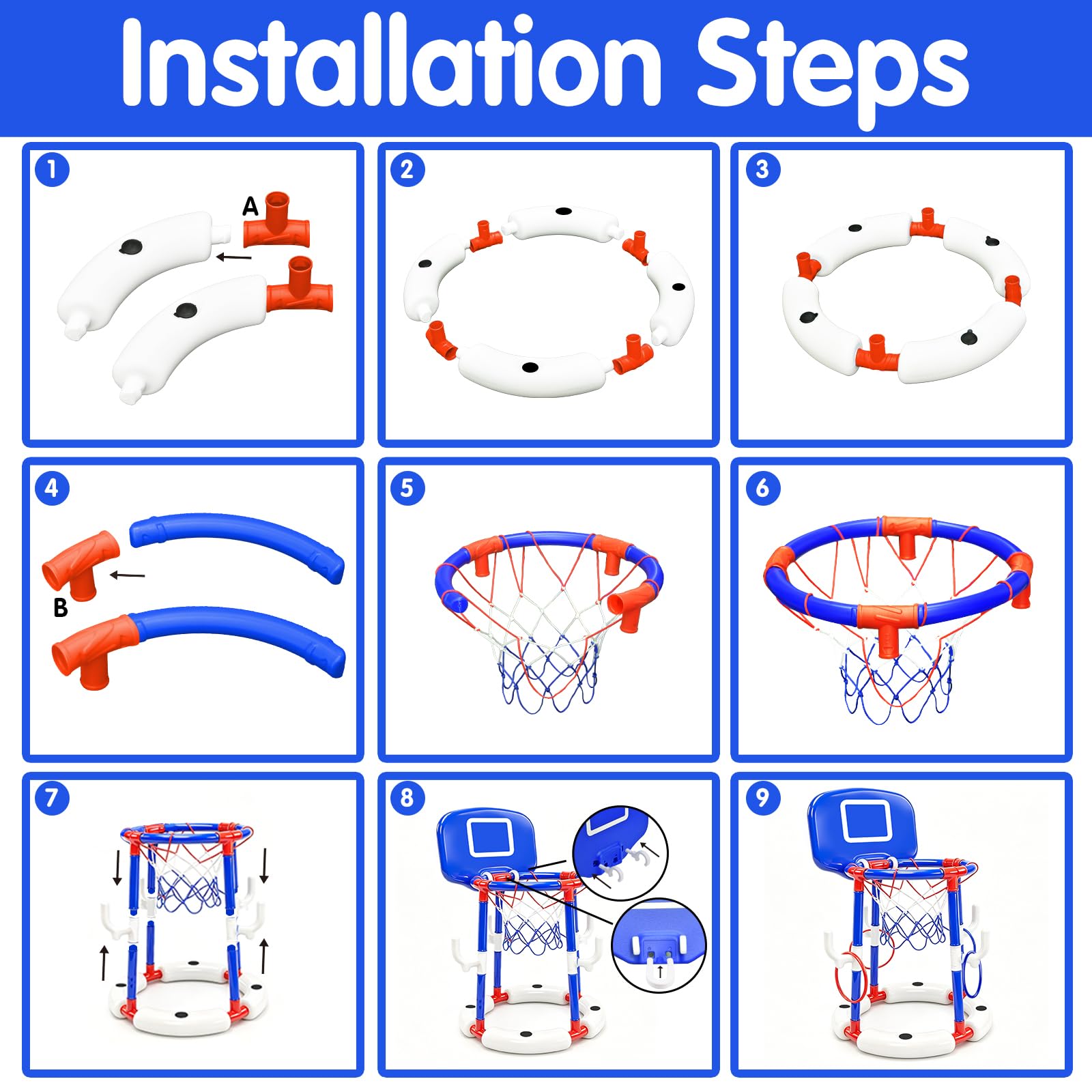 2-in-1 Schwimmender Pool-Basketballkorb und Ringwurfspiel-Set für Kinder und Erwachsene | Schwimmspiel, Wasserspielzeug, Pumpe inklusive, Familienspaß, Sommeraktivität, Indoor Outdoor, Partyspiel