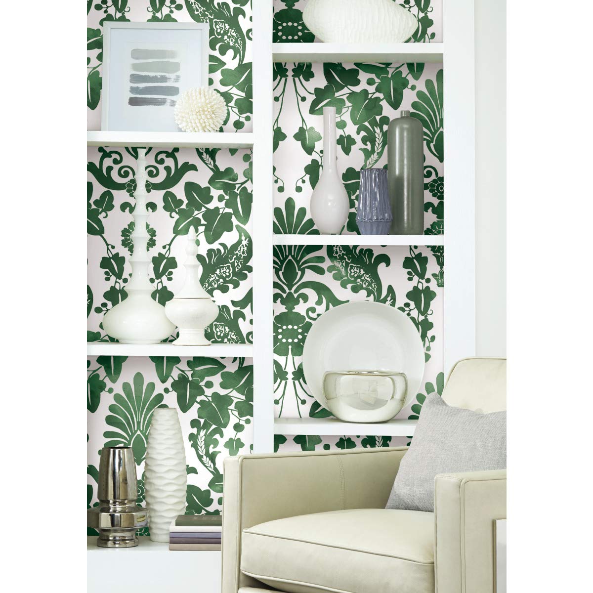 RoomMates RMK11596RL Green Vine Damask Peel and Stick Wallpaper, 45.7 x 47.9 cm - Image 3