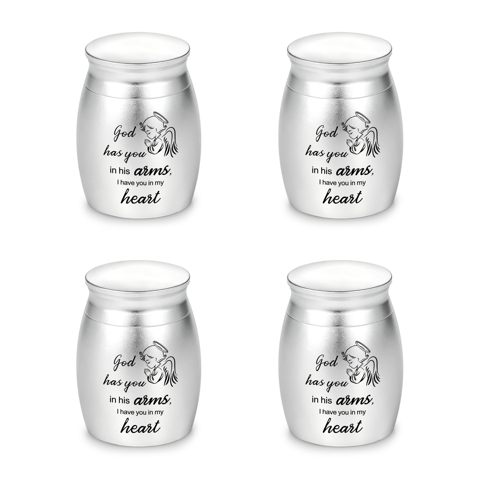 Gredstar Small Urns for Ashes, Set of 4 Mini Cremation Containers for Pet and Human Ashes, Memorial Gifts for Loved Ones (Silve, God has you in his arms)