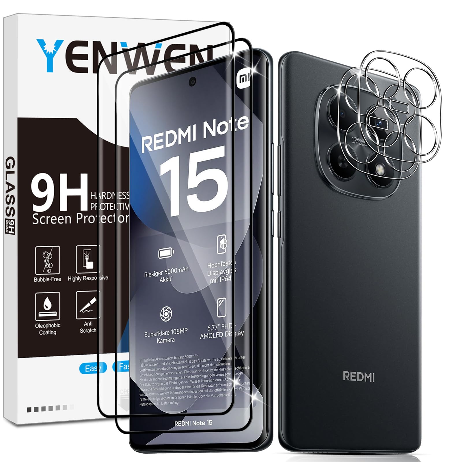 Yenwen für Panzerglas für Xiaomi Redmi Note 15 4G Schutzfolie, 2 Stück Displayschutz mit 2 Stück Kameraschutz Glas, 9H Härte Schutzglas Handy Folie HD Klar Panzer Schutz Glas