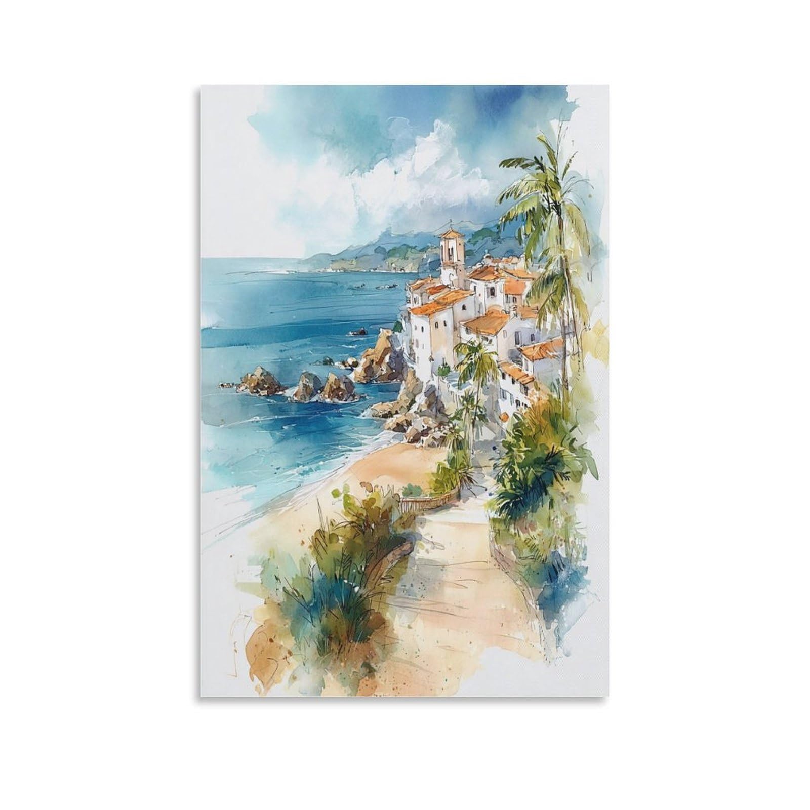 LCYNNH San Juan Puerto Rico Watercolor Painting 20x30inch(50x75cm) Vintage Travel Poster Watercolor Canvas Art
