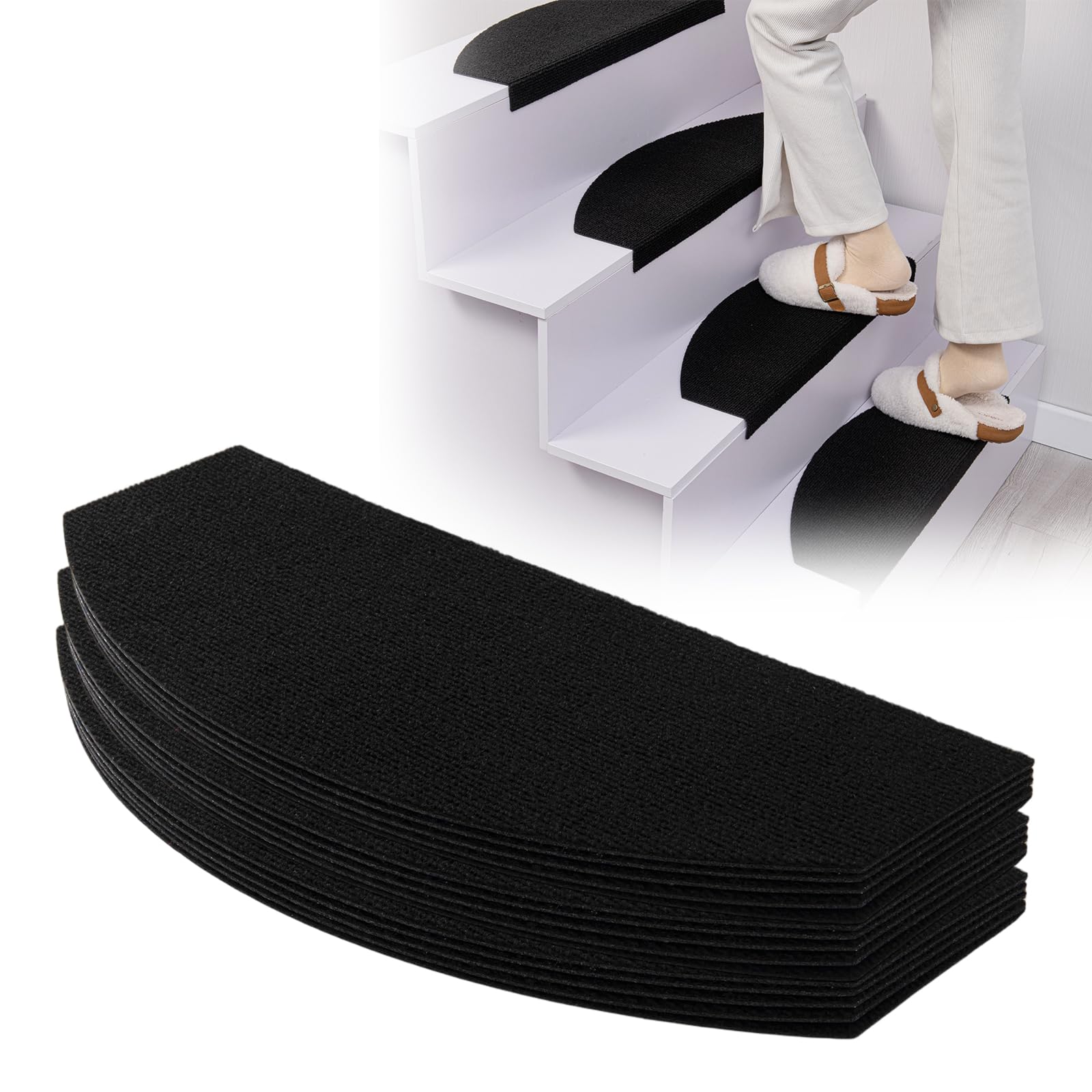 Tokenhigh 15 Pcs Non-Slip Stair Treads Mats, Self-Adhesive Step Protectors, 60x24cm Reusable Stair Runner Rugs Covers, Non-Skid Safety Carpet Staircase Protection Pads for Elders and Pets (Black)