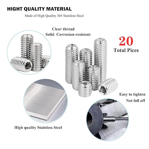 Miniatura 3 de Yoliko Juego de 20 piezas de 516-18 pulgadas, 4 tamaños de rosca, juego de tornillos hexagonales de acero inoxidable 304 con rosca completa,