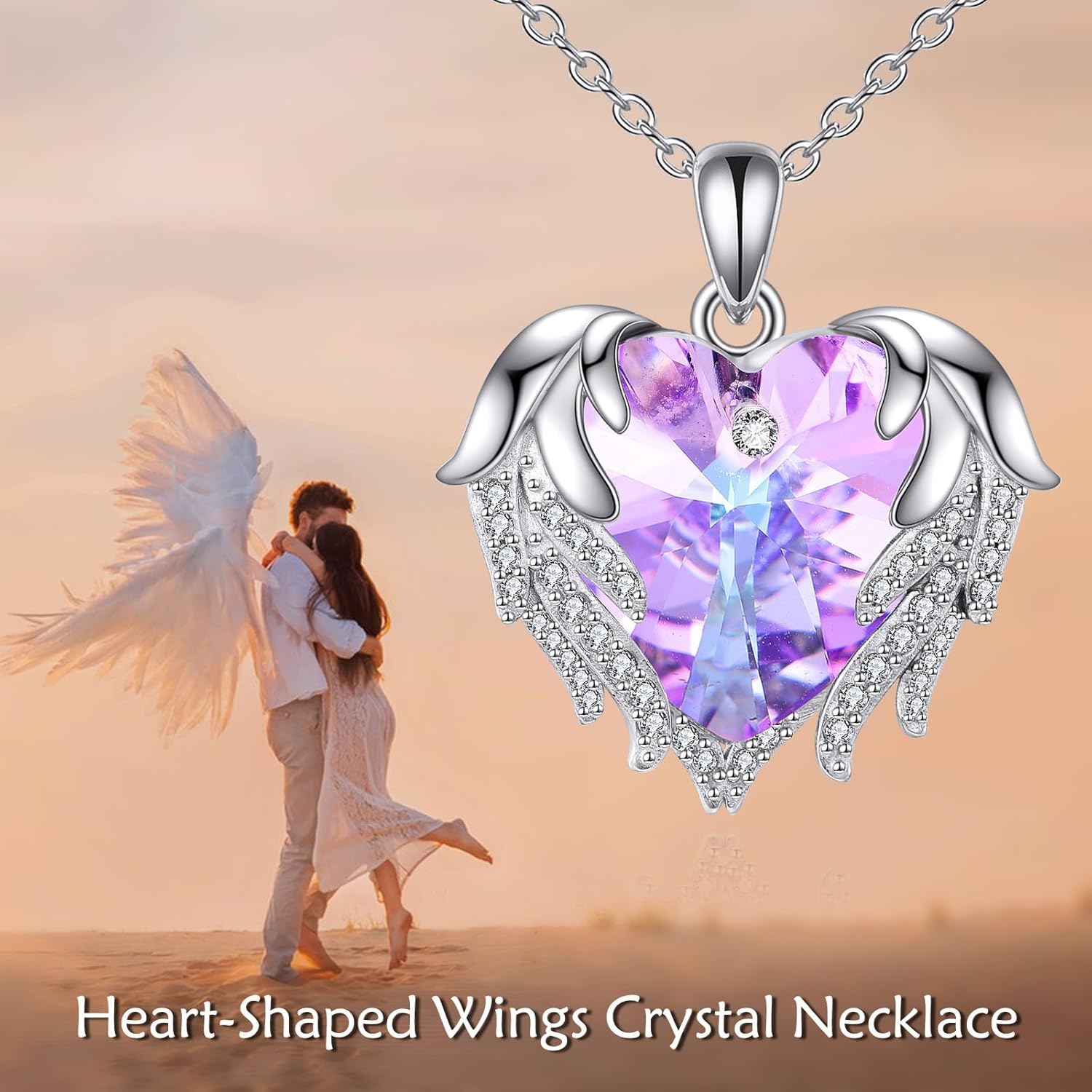 KQF 925 Sterling Silver Crystal Angel Wings Necklaces for Women, Love Heart Pendant with Birthstone, Birthday Jewelry Gifts for Mom Wife Girlfriend - Image 6