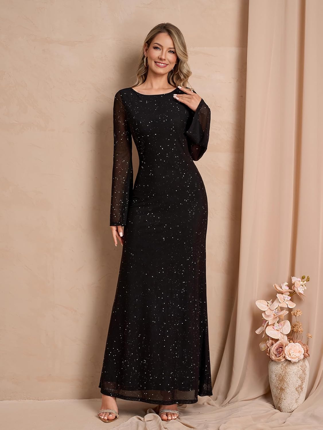 EYNMIN Long Sleeve Maxi Dress Backless Tie Bodycon Mesh 2025 Fall Formal Wedding Guest Dresses for Women - Image 2